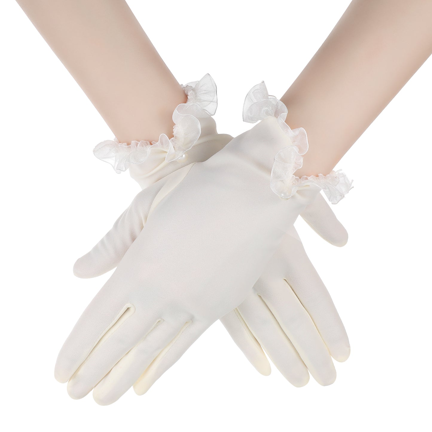 Women's Short Polyester Gloves with Pearl White Short Bridal Pearl Gloves 8.7x3.1 Inches Lace Edges 1920s Stretchy Gloves for Wedding Opera Party