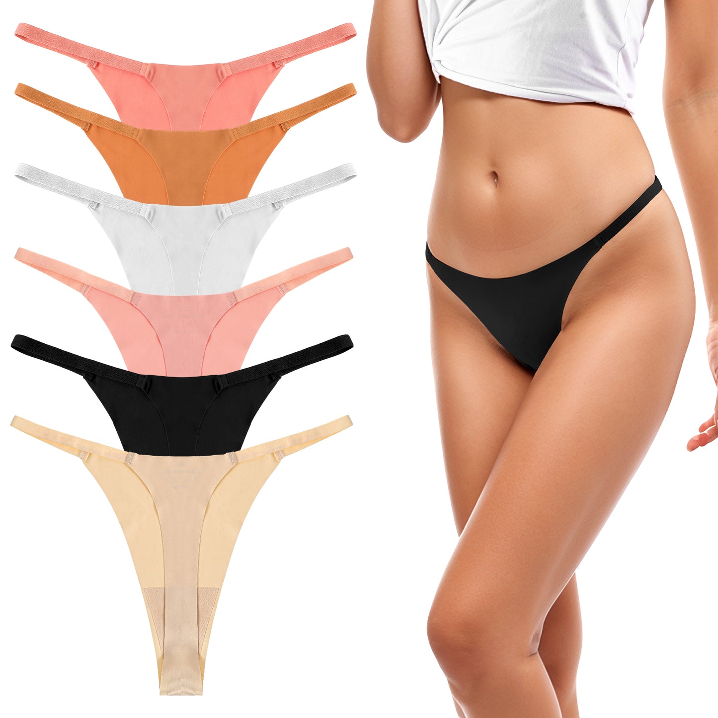 Telooco 6 Pack Seamless Thongs for Women Invisible Thongs Sexy Underwear Panties Stretch Breathable Low Waisted Thong Multipack S