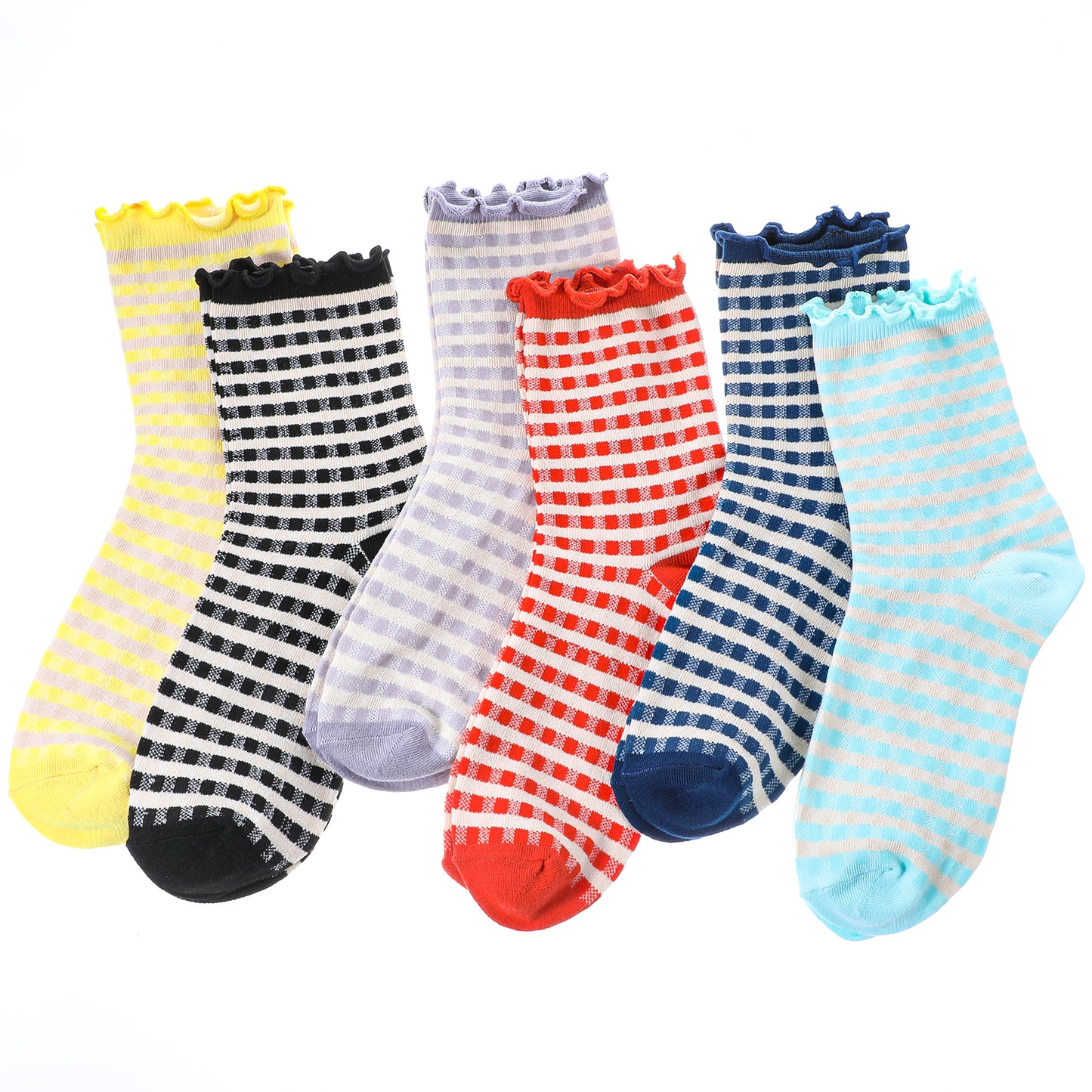 Telooco 6 Pairs Women Ruffle Socks Frilly Ankle Socks Cute Checkered Socks Cotton Knit Socks Casual Ruffle Crew Socks (Multi Color)