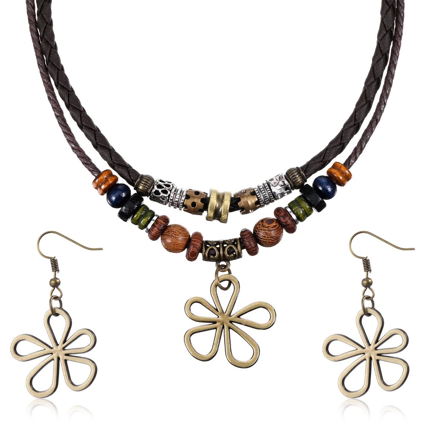 Lusofie Wood Bead Necklace, Layered Boho Necklace with Hollow Flower Earrings, Braided Vintage Necklaces, Hippie Bohemian Jewelry for Women