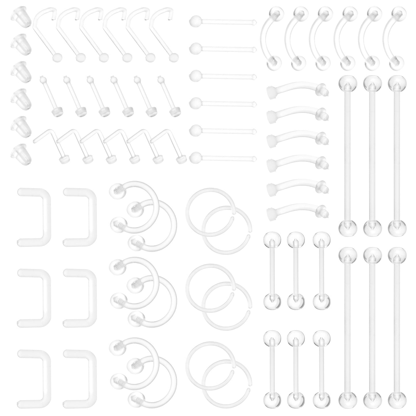 Yolev 66 Pcs Clear Acrylic Piercing Retainer Set Flexible Bioflex Nose Septum Ear Eyebrow Tongue Belly Button Rings Plastic Industrial Barbell Body Jewelry