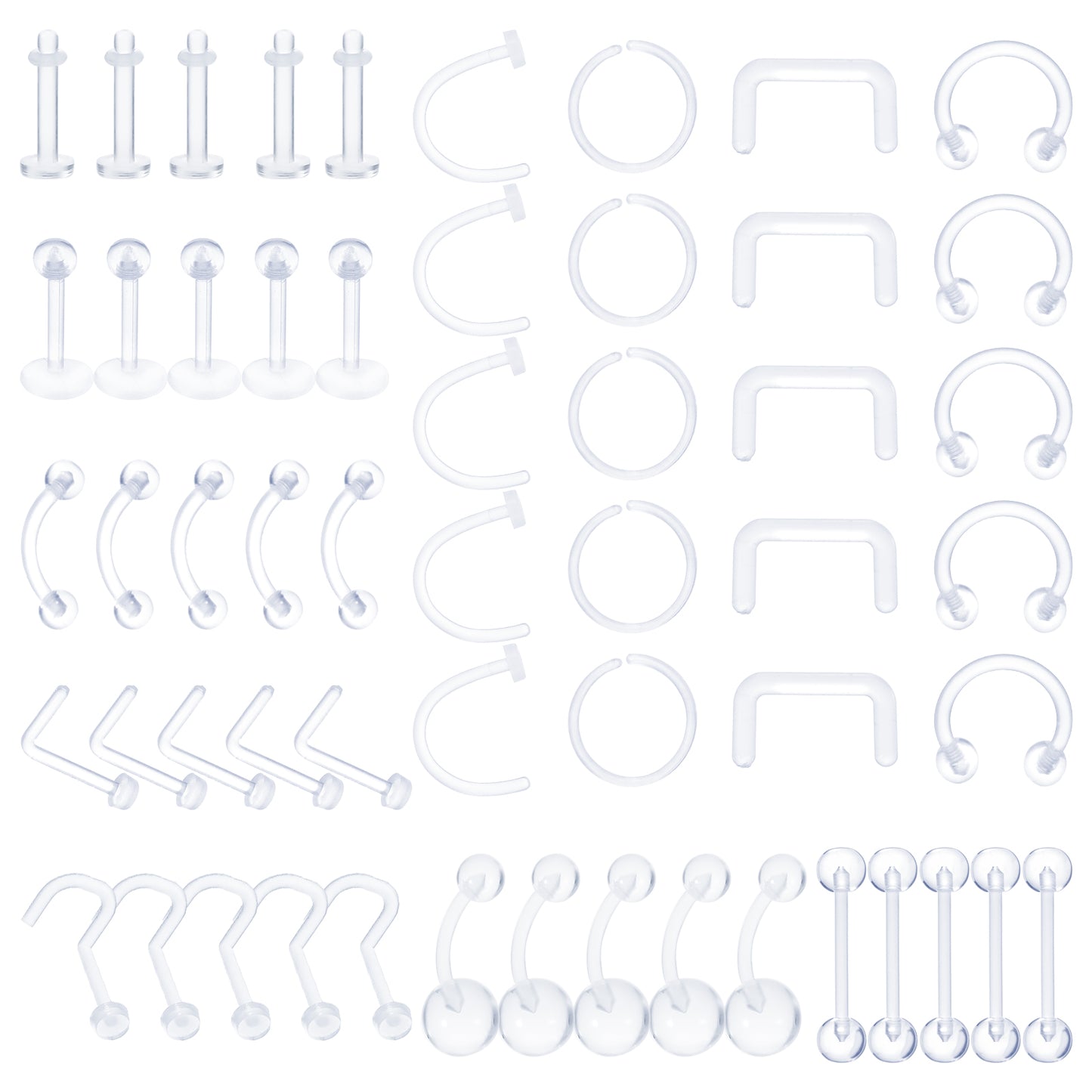 Yolev 55PCS Clear Piercing Retainer Septum Retainers Nose Studs Flexible Lip Ear Nose Hoop Tongue Rings Nipple Ring Cartilage Piercing Retainer Plastic Industrial Barbell Piercing Retainer