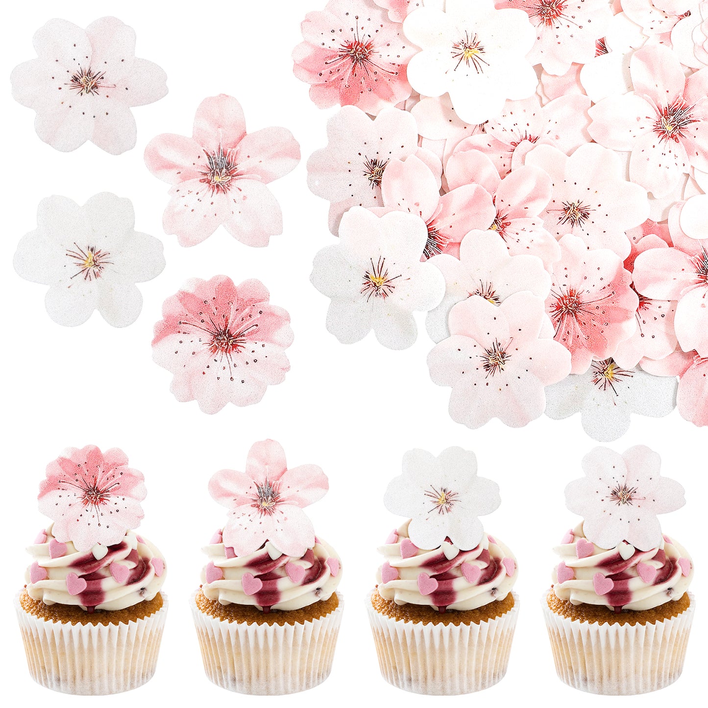 75 Pcs Edible Flower Cupcake Toppers Cherry Blossoms Cake Decorations Wafer Paper Edible Cake Toppers White Pink Cherry Blossoms Cupcake Decorations for Wedding Birthday Party Supplies