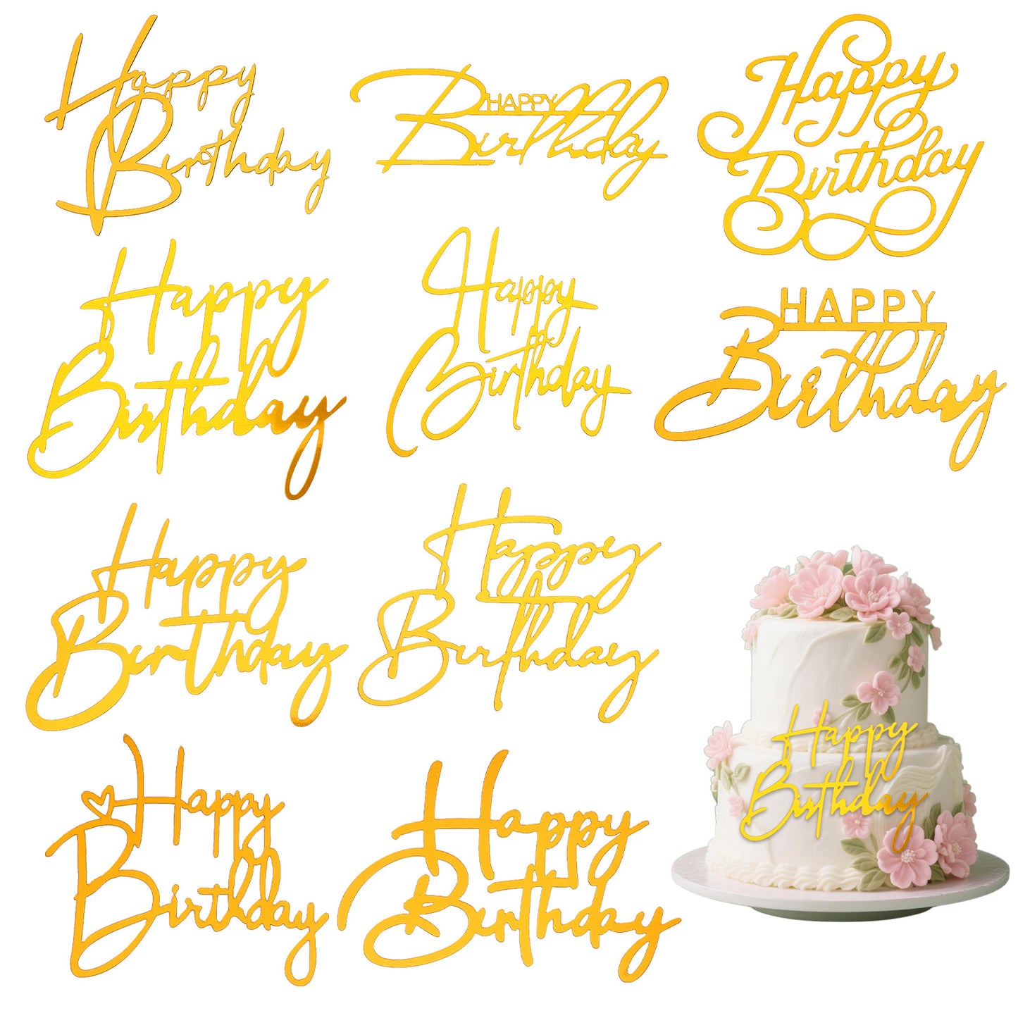 10 PCS Gold Happy Birthday Cake Topper Gold Acrylic Birthday Cupcake Toppers Side Mirror Acrylic Cake Toppers for DIY Cakes Decorations DIY Birthdays Party Supplies