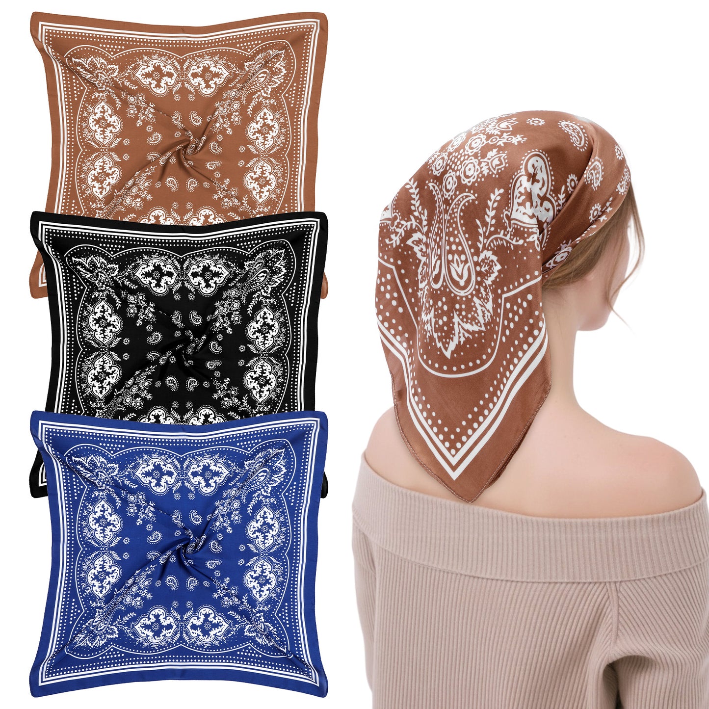 Josojoou 3 Pcs Versatile Square Hair Scarves, Multi-Purpose 27.55" x 27.55" Large Bandanas for Men & Women, Satin Silk Scarf Bandana Headbands(3 Colors)