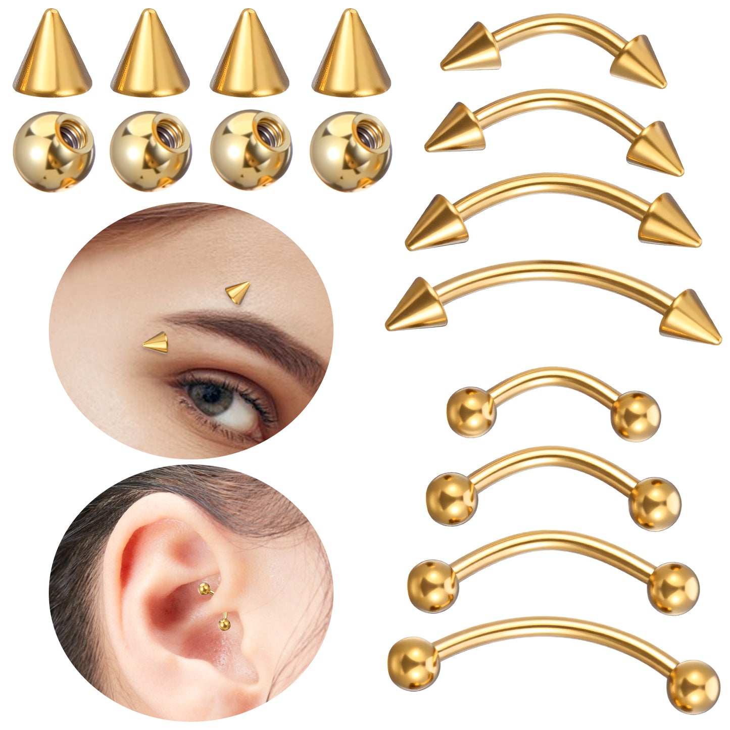 Yolev 8 Pcs Eyebrow Piercing Jewelry 16g Stainless Steel Gold Curved Barbell Eyebrow Rings Vertical Labret Lip Jewelry 6mm/8mm/10mm/12mm Ear Helix Conch Daith Rook Piercing Jewelrys With 3mm Balls