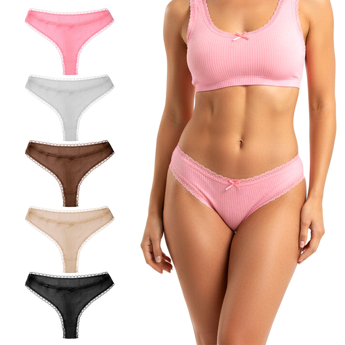Josojoou 5PCS Womens Cotton Thongs with Lace Trim, Low-Waisted Elastic Cotton Thong Underwear for Women, Sexy T-Back Lace Thongs, Comfortable and Breathable(170/M)