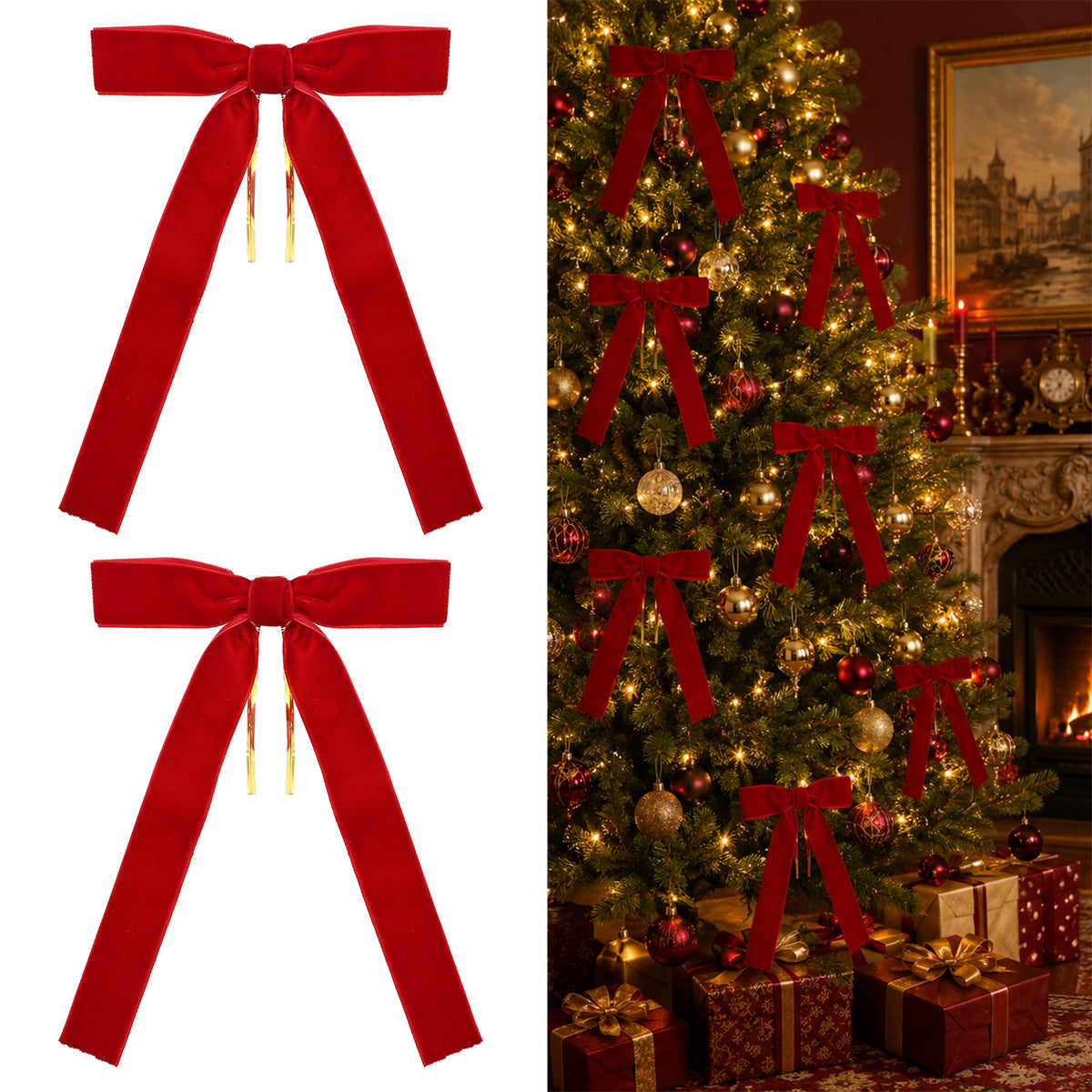 20Pcs Red Velvet Bows for Christmas Tree, 5.1x7.1" Christmas Tree Bows(Red)
