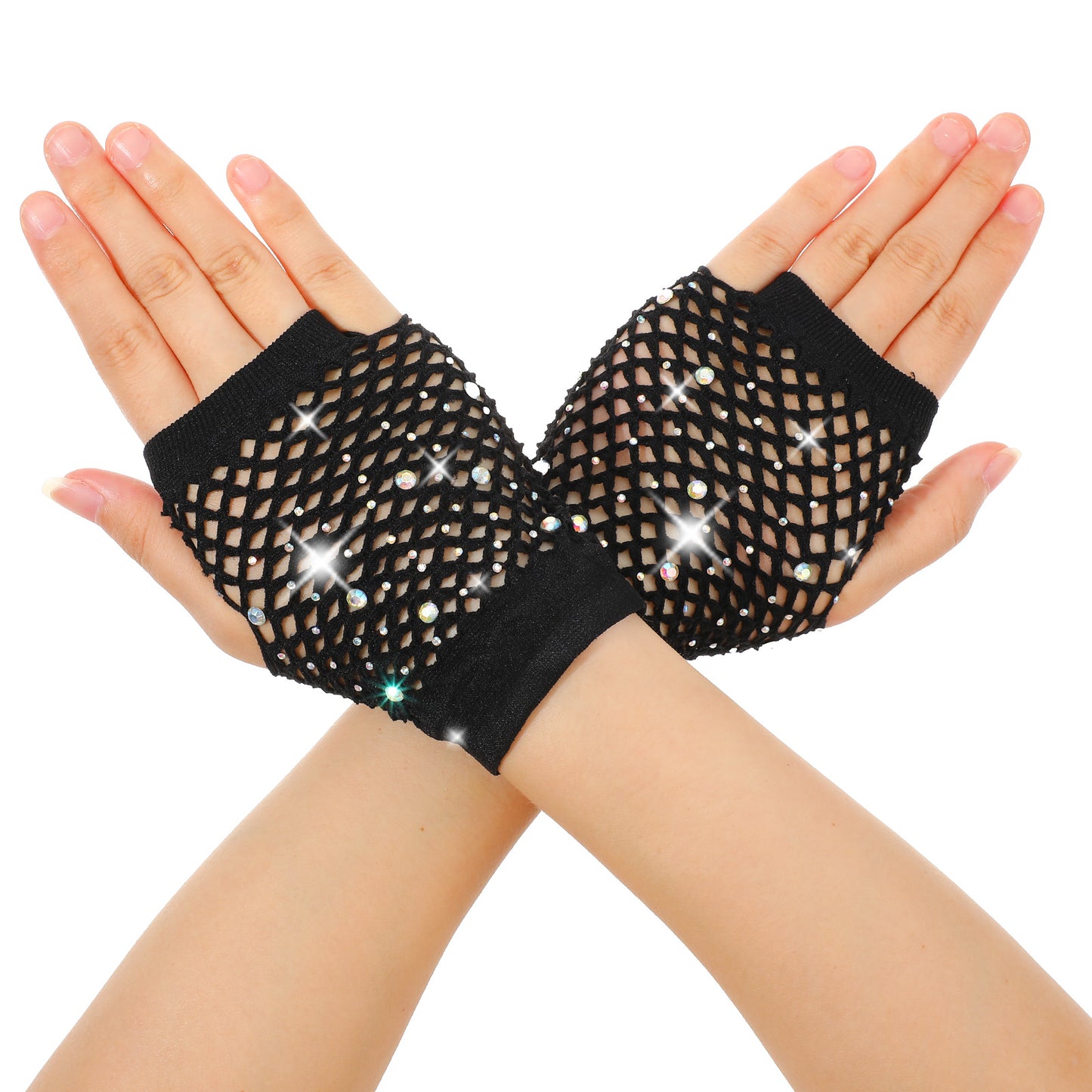 Neyauo Fishnet Gloves, Fingerless Mesh Arm Sleeves, Rhinestone Punk Style, For Women Halloween Cosplay, 80s Vintage Costume(Black)