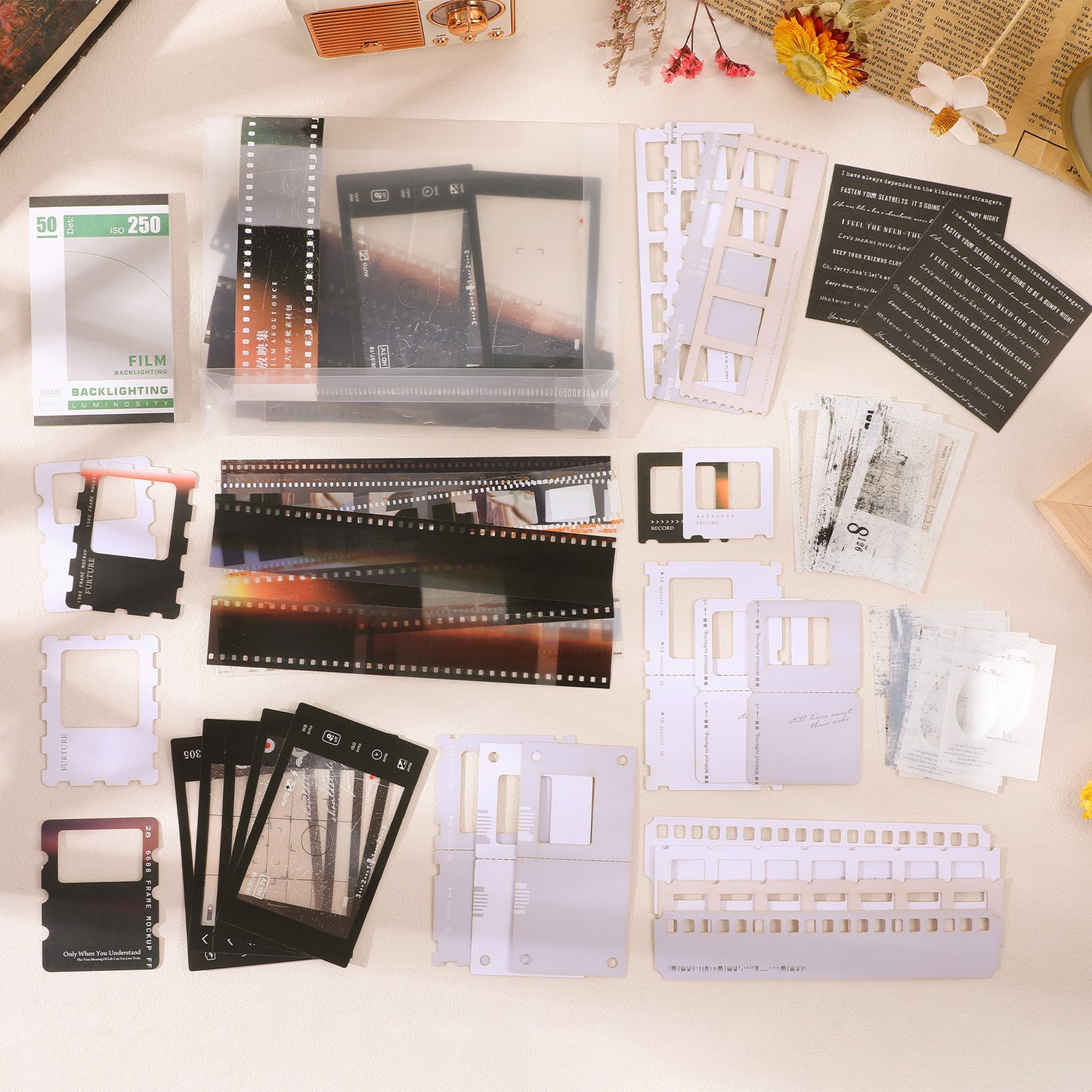 94Pcs Film Scrapbook Paper for Journaling Supplies Washi Stickers Memos Cards Waterproof Album Tape Stickers Vintage Photo Themed Scrapbooking Kits for Journal Planners Collage DIY Art Crafts Album