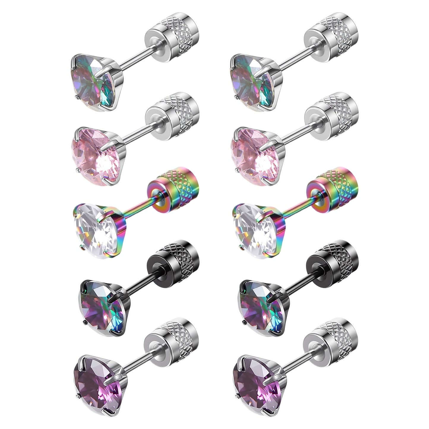 5 Pairs Titanium Earrings for Women Men Surgical Steel Screw Back Earrings 6mm CZ Stud Earring Flat Back Ear Piercing Sleeper Jewelry(Multicolor)