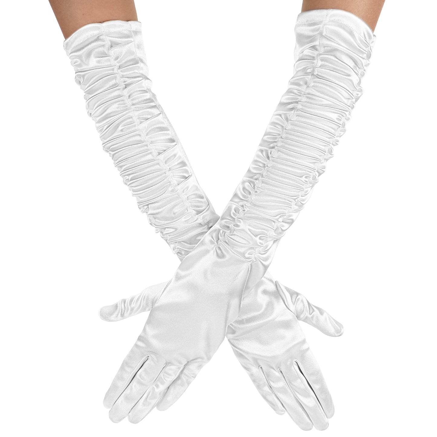 White Long Satin Gloves Women Shirred Formal Gloves 1920s Gatsby Accessories for Opera Masquerade Tea Party Wedding
