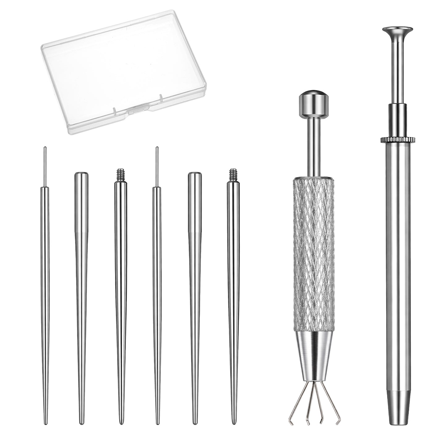 Josojoou 8PCS Piercing Ball Grabber and Opener Set with a Storage Box, 16G Bend/Straight Piercing Needles, Flat Back Earring Applicator Tool, Piercings Taper, for Ears, Nose, Eyebrows, Navel (Sliver)