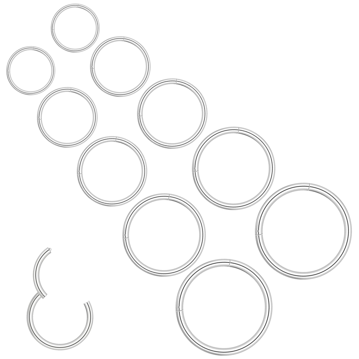 Neyauo 10Pcs Stainless Steel Seamless Hinged Clicker Hoop Rings, 16G 1.2mm, 8mm 10mm 12mm 14mm 16mm Inner Diameter, Silver Rose Gold Black, Body Piercing Jewelry For Nose Lip Cartilage Tragus