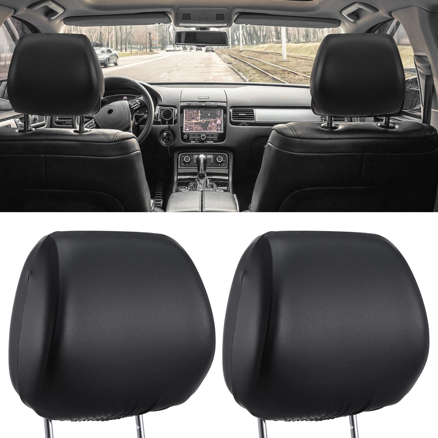 Neyauo 2 PCS PU Leather Car Headrest Covers, Full Wrap-Around Elastic Dust Protector, Waterproof Reusable Seat Accessories, Black
