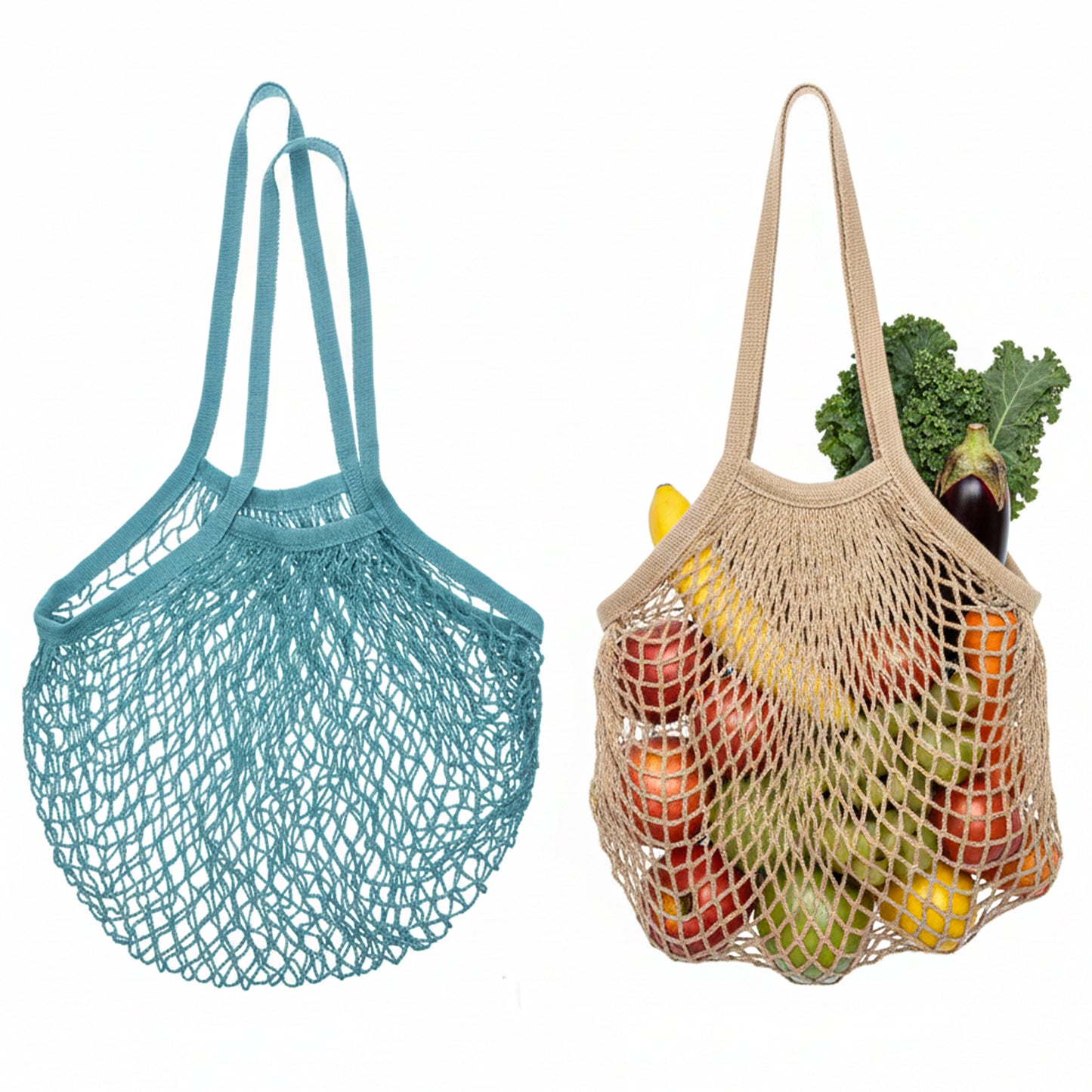 Neyauo 2 Pack Reusable Produce Bags, Cotton Mesh Grocery Bags, Long Handle Mesh Tote Bag for Fruit & Veggie Storage(Beige and Blue-Gray)