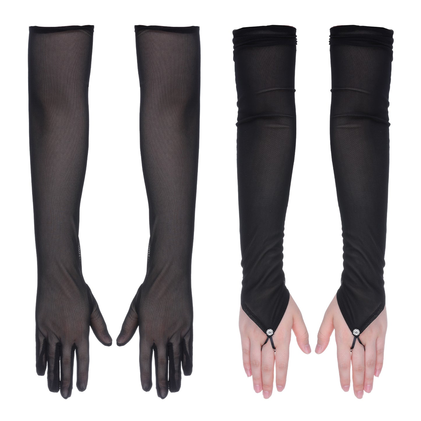 Josojoou 2 Pairs Sheer Long Black Gloves, 2 Styles Tulle Long Opera Gloves for Women, Elbow Length Longs Black Mesh Glove for Weddings, Operas, Tea Parties, Balls, and Parties