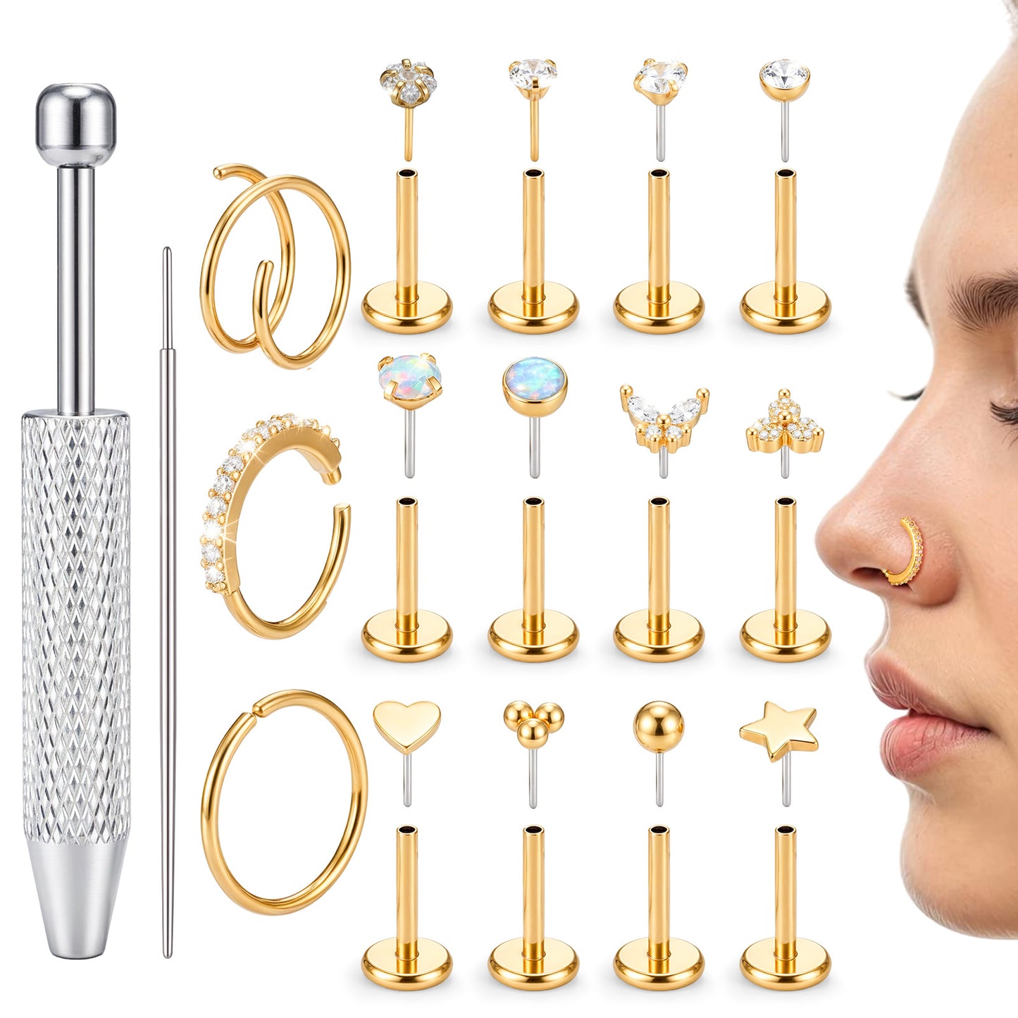 Tucnoeu 17pcs Gold Flat Back Push in Stud Earrings - 20G Threadless Flat Back Earring for Women & Men,Tragus Earrings, Gold Nose Rings for Women with Piercing Taper Tool