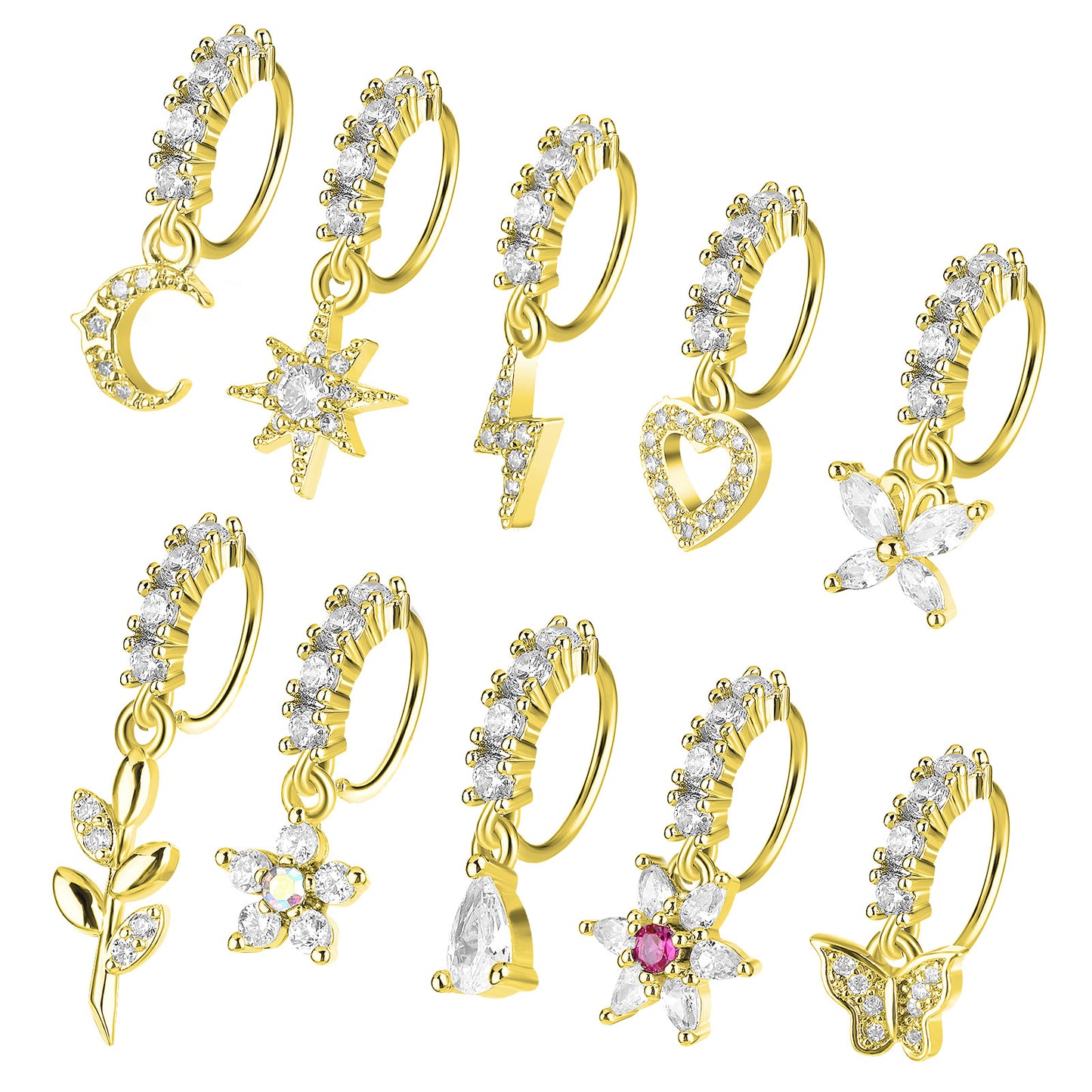 Telooco Dangle Nose Rings Hoops 10Pcs Dangling Nose Piercing Jewelry Set Butterfly Heart Star Moon Cute Nose Rings for Women(Gold)