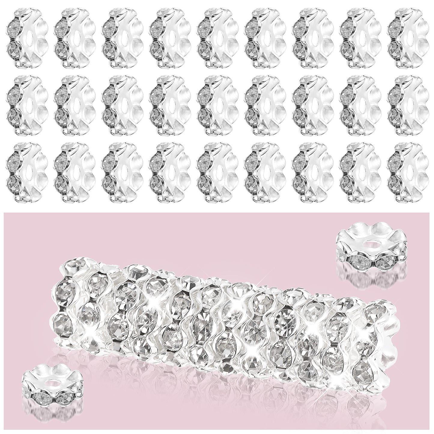 100pcs Spacer Beads for Jewelry Making 12mm Silver Rhinestone Beads for Pens Making Rondelle Beads Spaced for Bracelet Jewelry Making