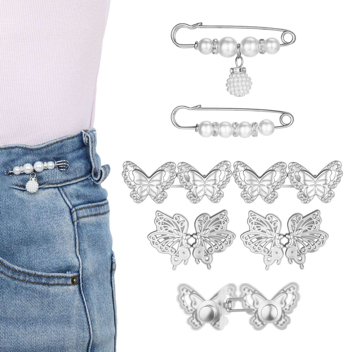 6pcs Pant Waist Tightener, Butterfly Button Pins for Jeans, Adjustable Pants Clips to Tighten Waist, Metal Butterfly Brooch for Clothing Dresses Skirts, No-Sew Decoration Accessories
