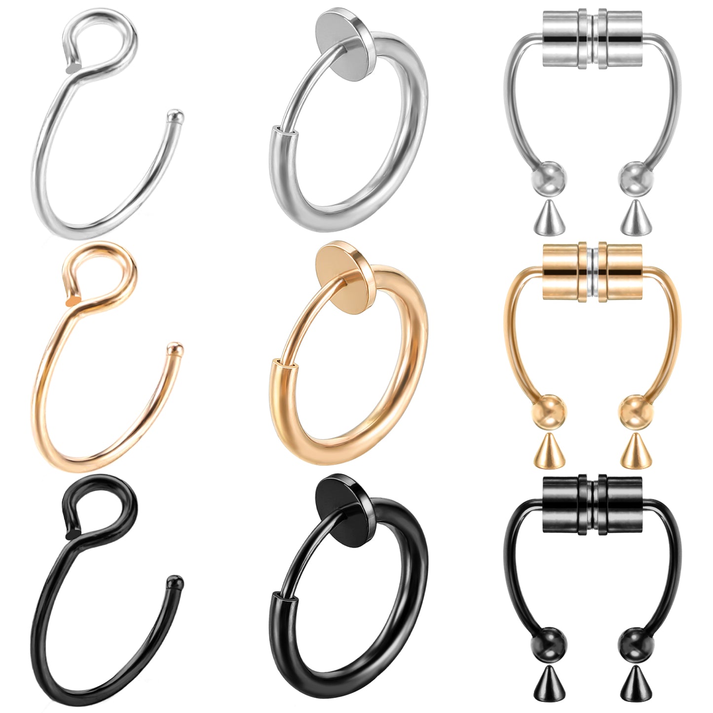HekouJiub 9Pcs Fake Nose Ring Magnetic Fake Septum Stainless Steel Nose Ring Hoop Hypoallergenic Clip On Nose Lip Ring Non-Pierced Septum Ring for Women Men