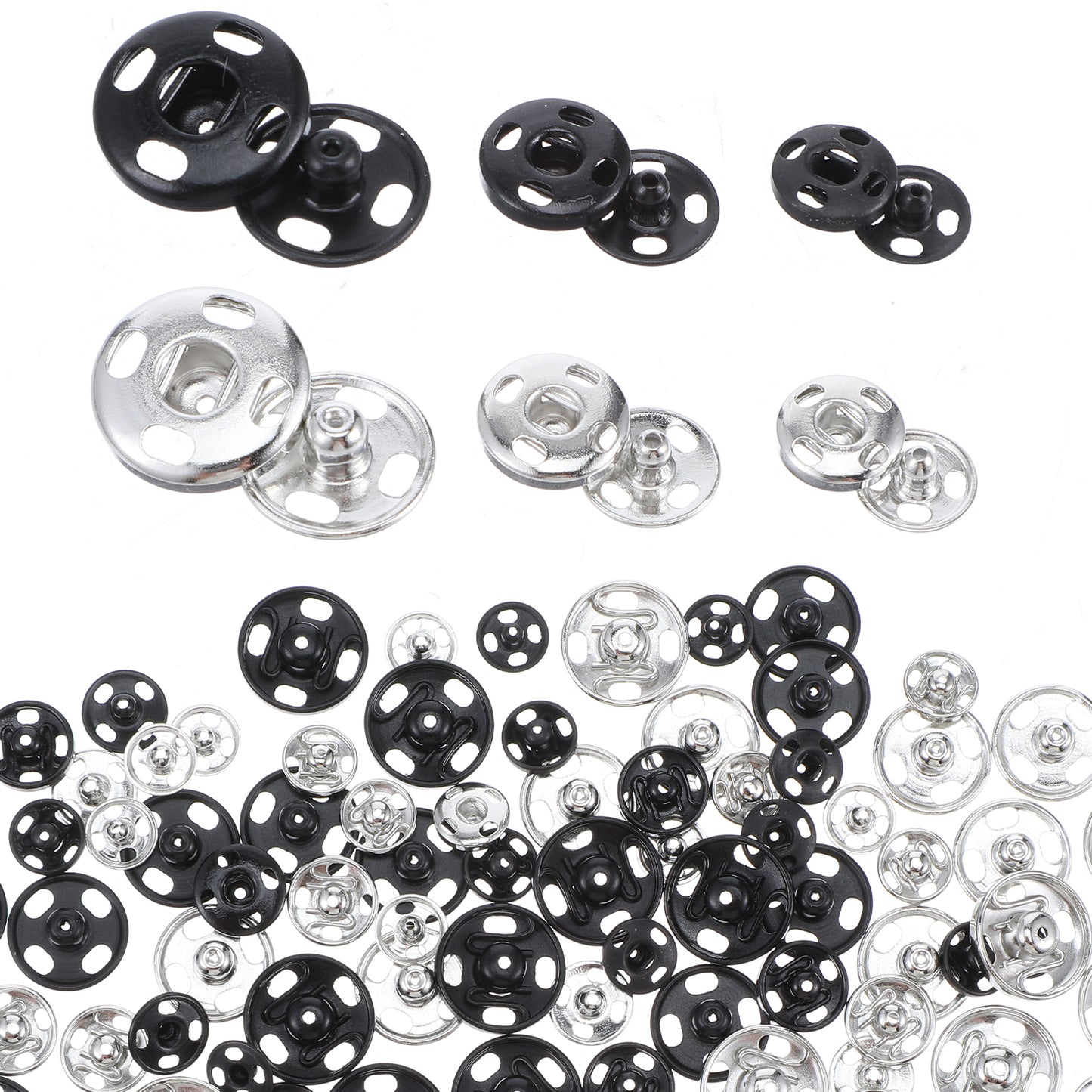 60 Sets of snap Button Sets (Black and Silver), 3 Sizes,