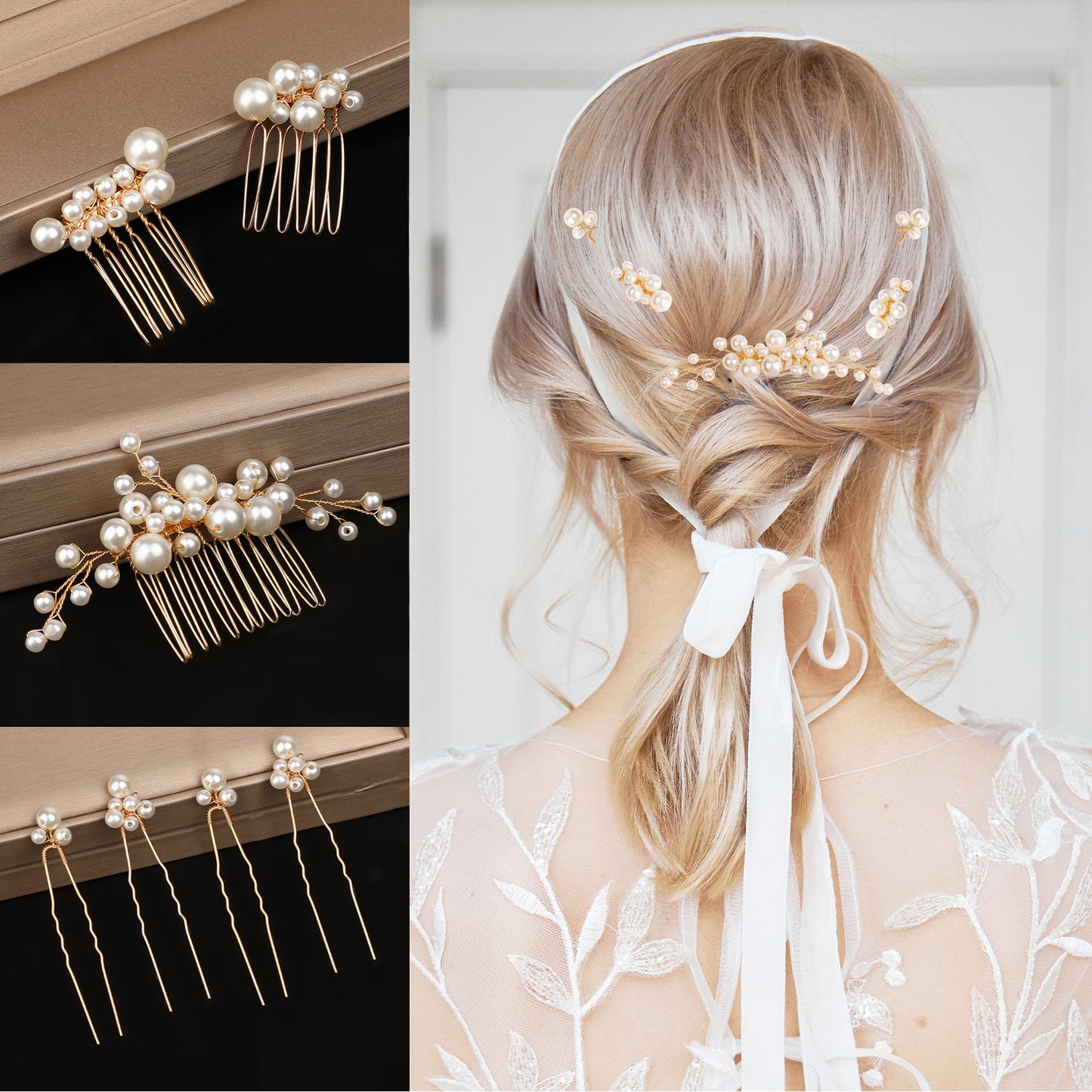 7PCS Pearl Hair Comb Set Vintage Hair Clips, and Headpiece Accessories for Brides,Gold U-Shape Side Comb