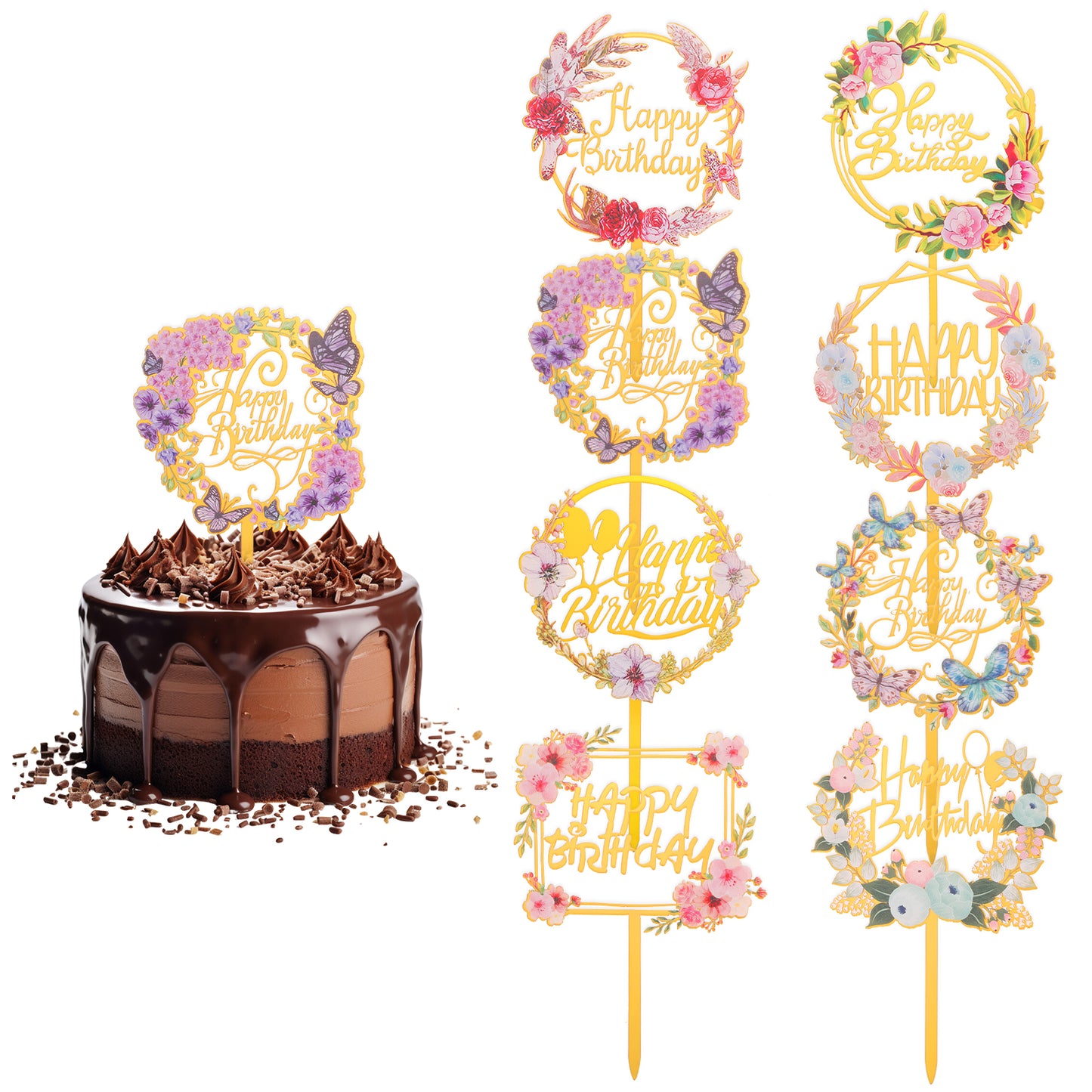 8 Pcs Happy Birthday Cake Toppers Flower and Butterfly Cake Topper Acrylic Cake Toppers Happy Birthday Sign Happy Birthday Topper For Birthdays Weddings Anniversaries Party Decorations