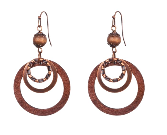 Boho Wooden Earrings For Women, Dangle Drop Earrings, Lightweight Geometric Brown Earring, Copper And Wood Circle, Western Bohemian Jewelry