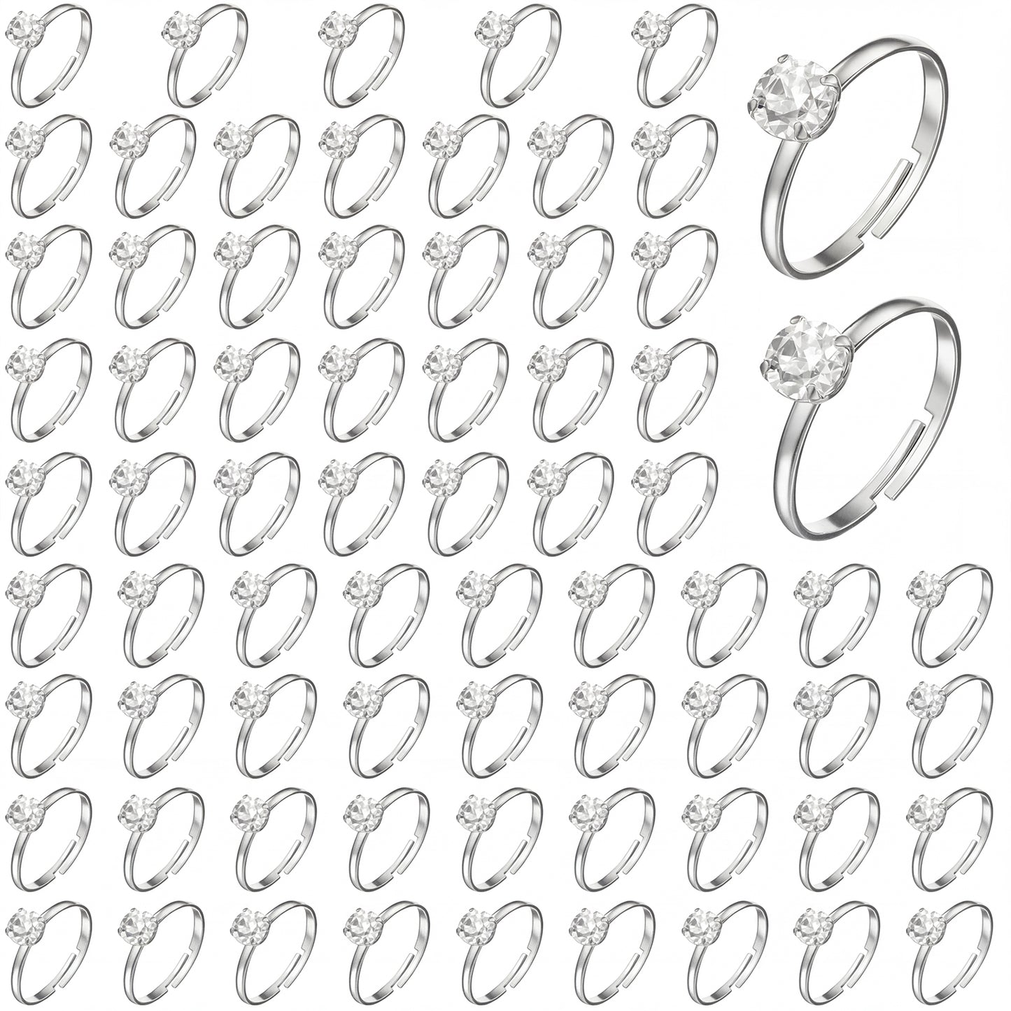 Yolev 72 Pcs Silver Diamond Rings Fake Rings Adjustable Fake Wedding Rings Plastic Rings for Bridal Shower Wedding Party Favors Cupcake Toppers Decorations