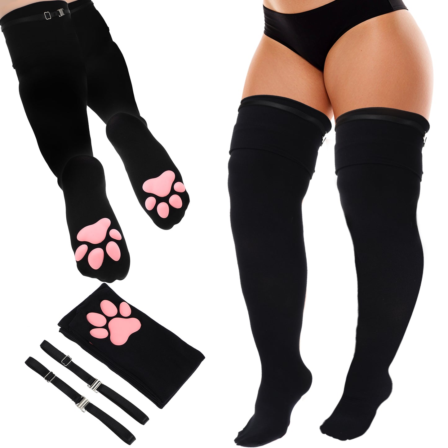 Plus Size Cat Paw Thigh High Socks with Garters ,Women Cute Soft 3d Toe Beans Cat Paw Socks,3d Kitten Claw Pad Socks Golves for Thick Thighs Cute Fat Girl Cosplay,Thigh High Socks Plus Size(Black)