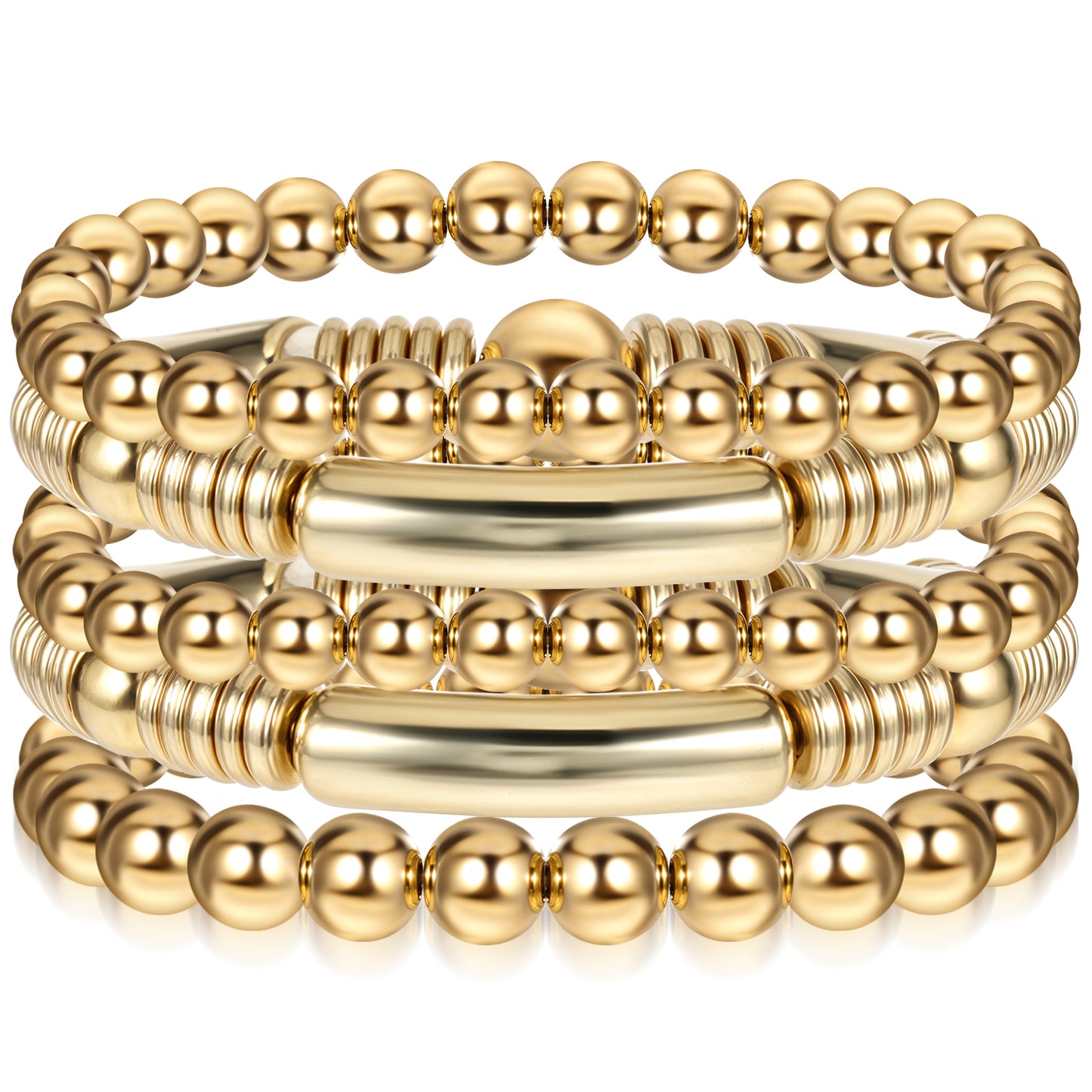 Lusofie 5Pcs Gold Beaded Bracelets for Women, Gold Bracelets, Bracelet Set Stretch Curved Stacking Bracelet Layered Bead Ball