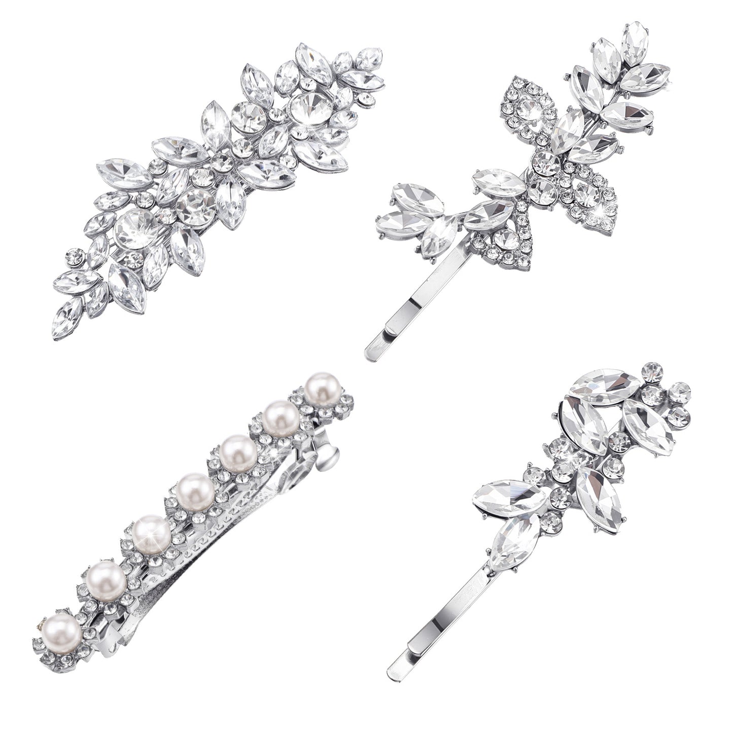 4 Pcs Rhinestone Hair Clips Leaf Flowers Wedding Hair Pins Silver Crystal Hair Barrettes for Women Thick Hair Brides Bridesmaids Wedding Party Everyday