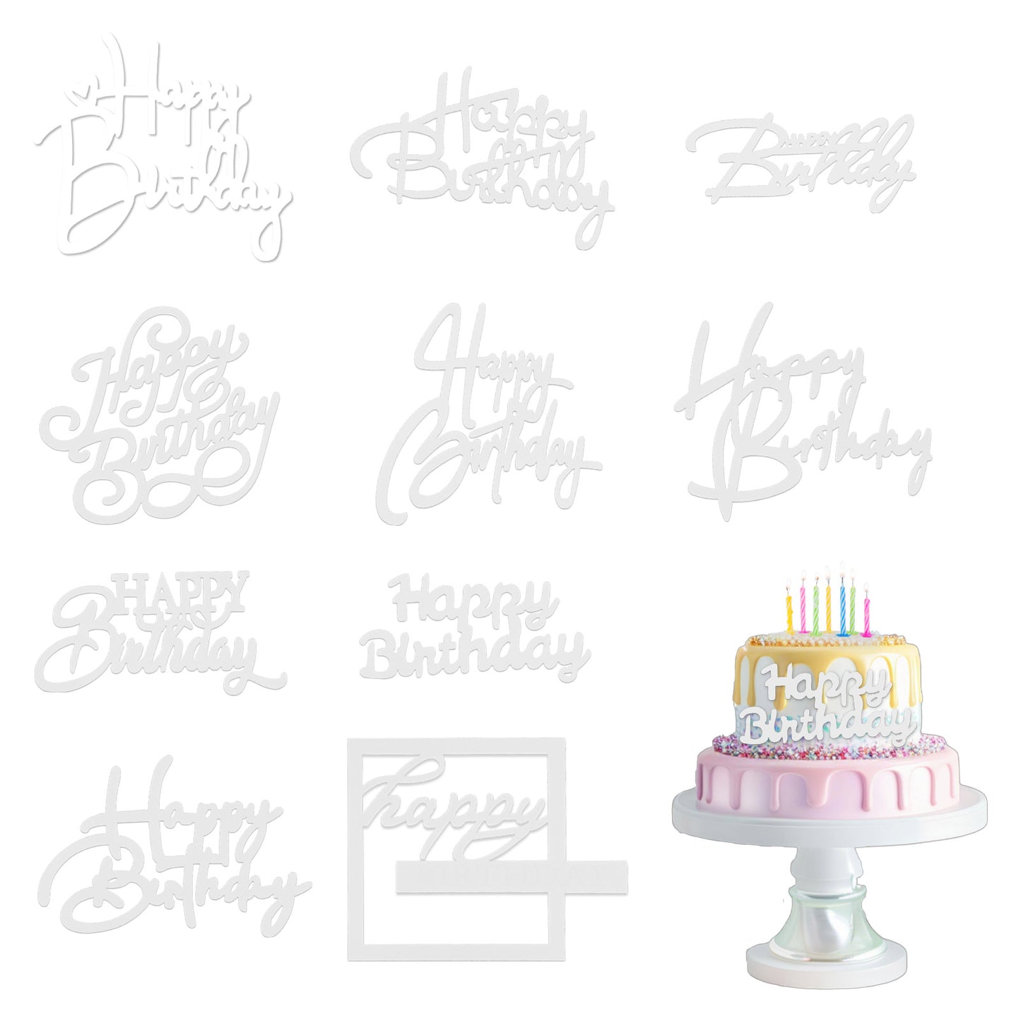 10pcs Silver Happy Birthday Cake Topper Mirror Acrylic Happy Birthday Cake Sign Side Inserts Silver Cakes Decorations for DIY Party Decoration for Women Men 10 Styles