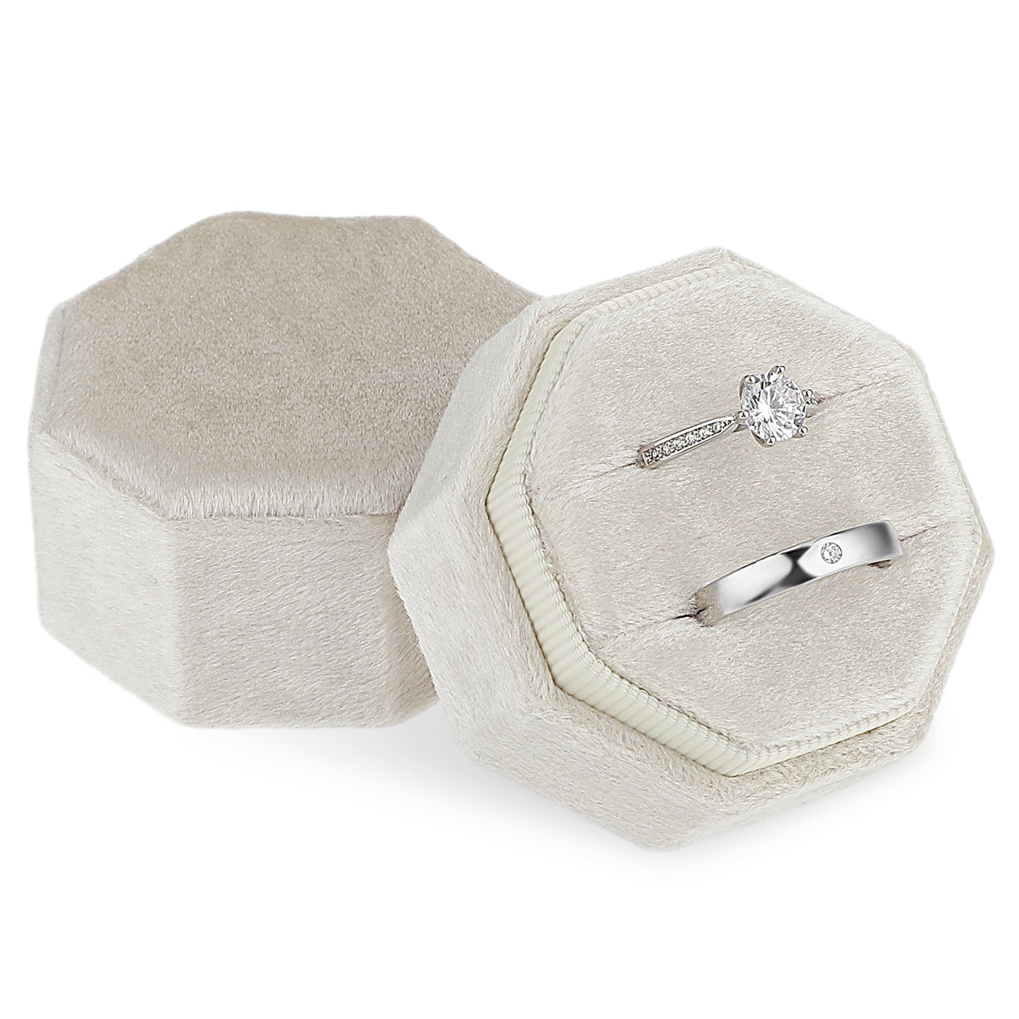 Velvet Ring Box 2 Slots Ring Jewelry Box Octagon Wedding Ring Box with Detachable Lid Vintage Ring Bearer Box Velvet Ring Display Holder Case for Wedding Ceremony Proposal Engagement Storage(Beige)