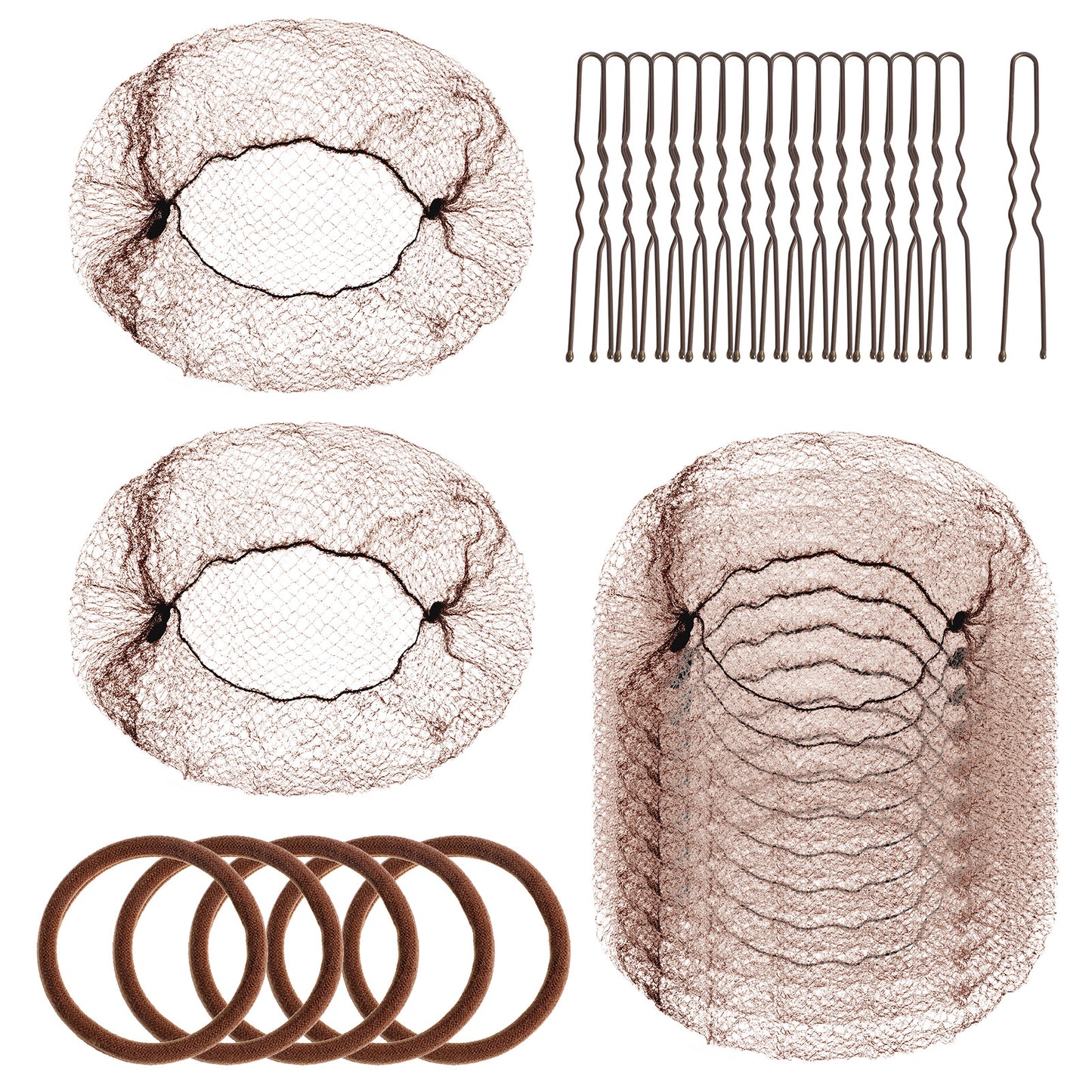 Bun Hair Net and U Shaped Pins Set Brown Bun Net Ballet Hair Nets for Buns for Girls Womens, Includes 30 Pcs Invisible Nets, 40 Pcs Pins, 5 Bands for Food Service, Sleeping, Dance, Wig