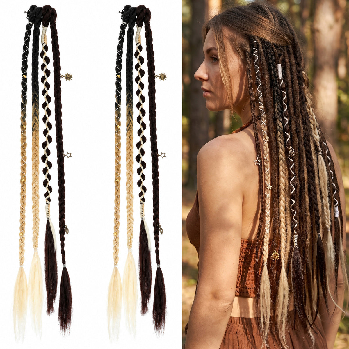 Clip in Dreadlock Extensions, Boho Braided Hair Extensions with Charms
