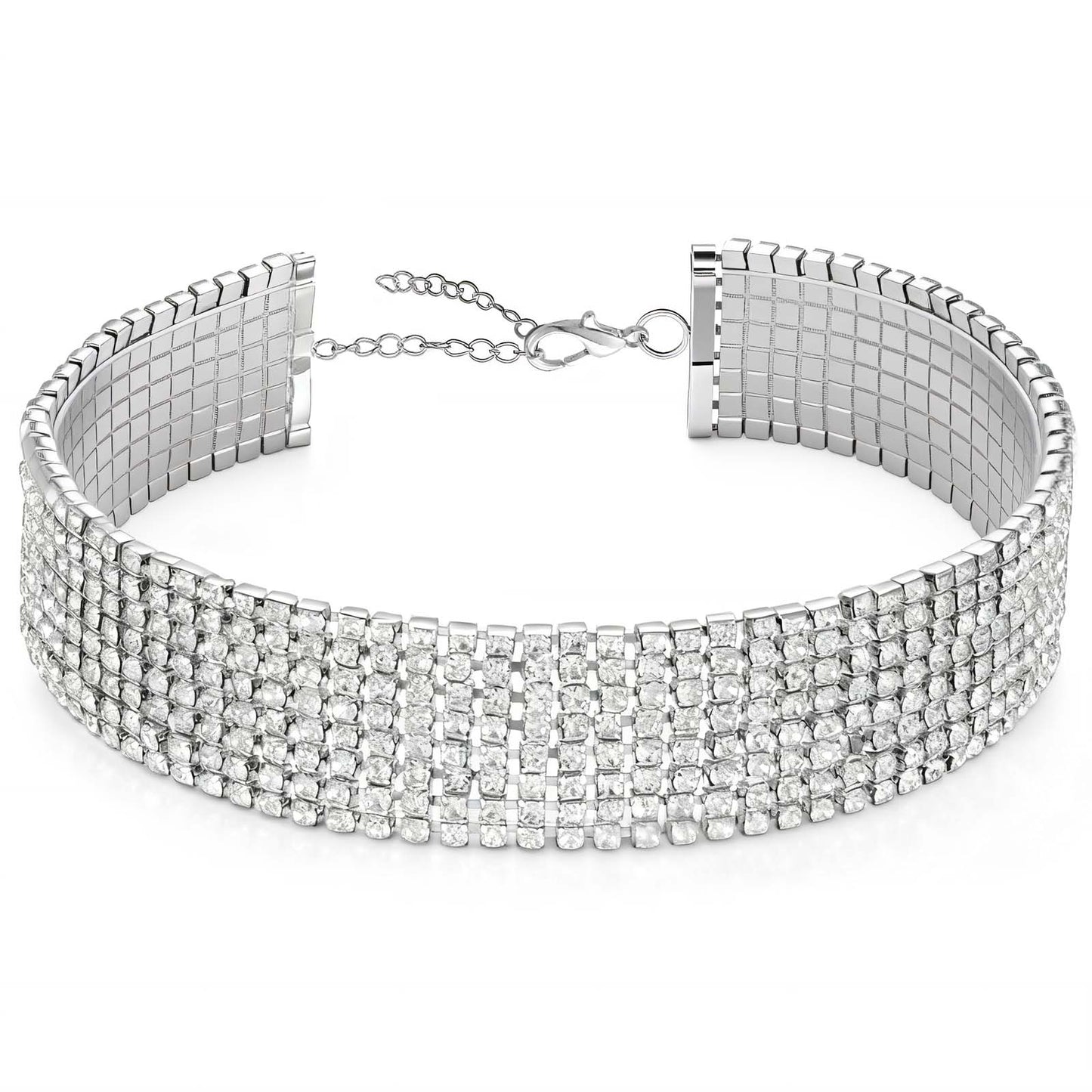 Neyauo 8 Row Rhinestone Tennis Necklace, Silver Plated Adjustable Cubic Zircon Choker, Women Dainty Heart Jewelry