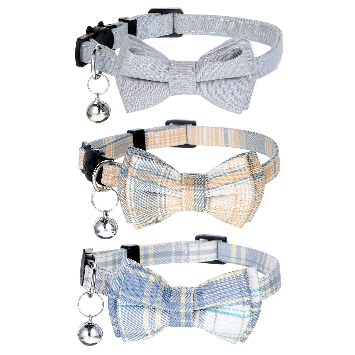 3Pcs Kitten Collar with Bell, Bow Tie Cat Collar, Breakaway Bowtie Plaid Cat Collars, Soft Adjustable Bow Cats Collars for Kitten Puppy and Small Pets