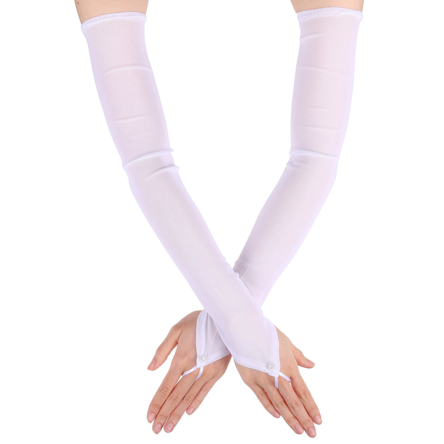 HaiFafafaing Women's Long Sheer Gloves Fingerless Mesh Tulle Gloves Rhinestone Wedding Glove Halloween Party Opera Dance(White)