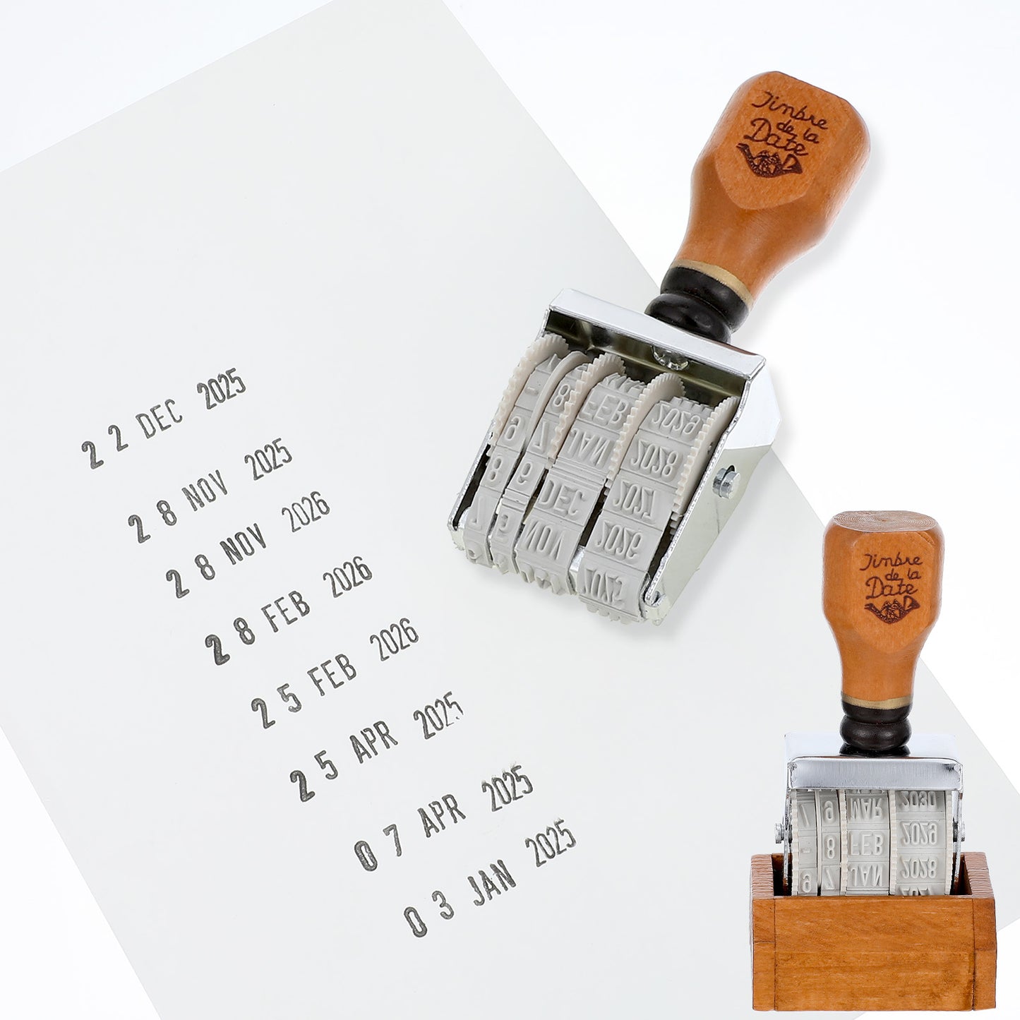 Roller Date Stamp, Retro Date Stamper Self Inking Day Month Year, Small Time Stamper with Wooden Handle and Base for DIY Craft Card Album Diary Making Planner Scrapbooking