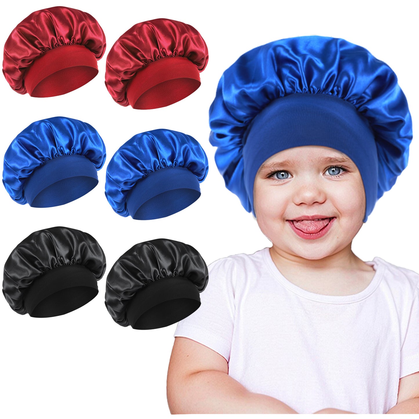 HekouJiub 6Pcs Satin Baby Bonnet for Sleeping, Elastic Toddler Bonnet for Baby Girls and Boys(Black, Blue, Wine red)
