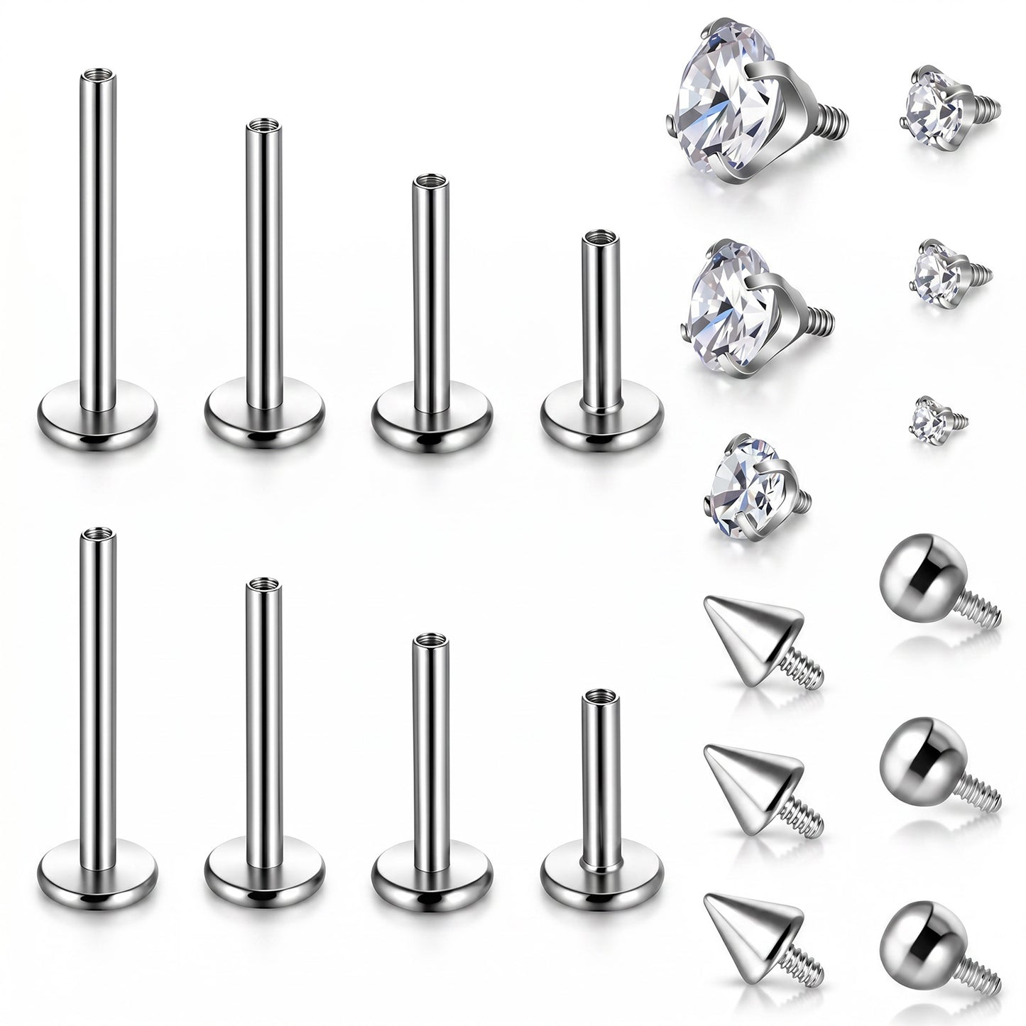 Ziuohaa 8PCS tragus piercing Flat Back Labret Studs - 6-12mm Lip Tragus Cartilage Helix Piercing Jewelry - helix stud Interchangeable Ball Cone Crystal Ends