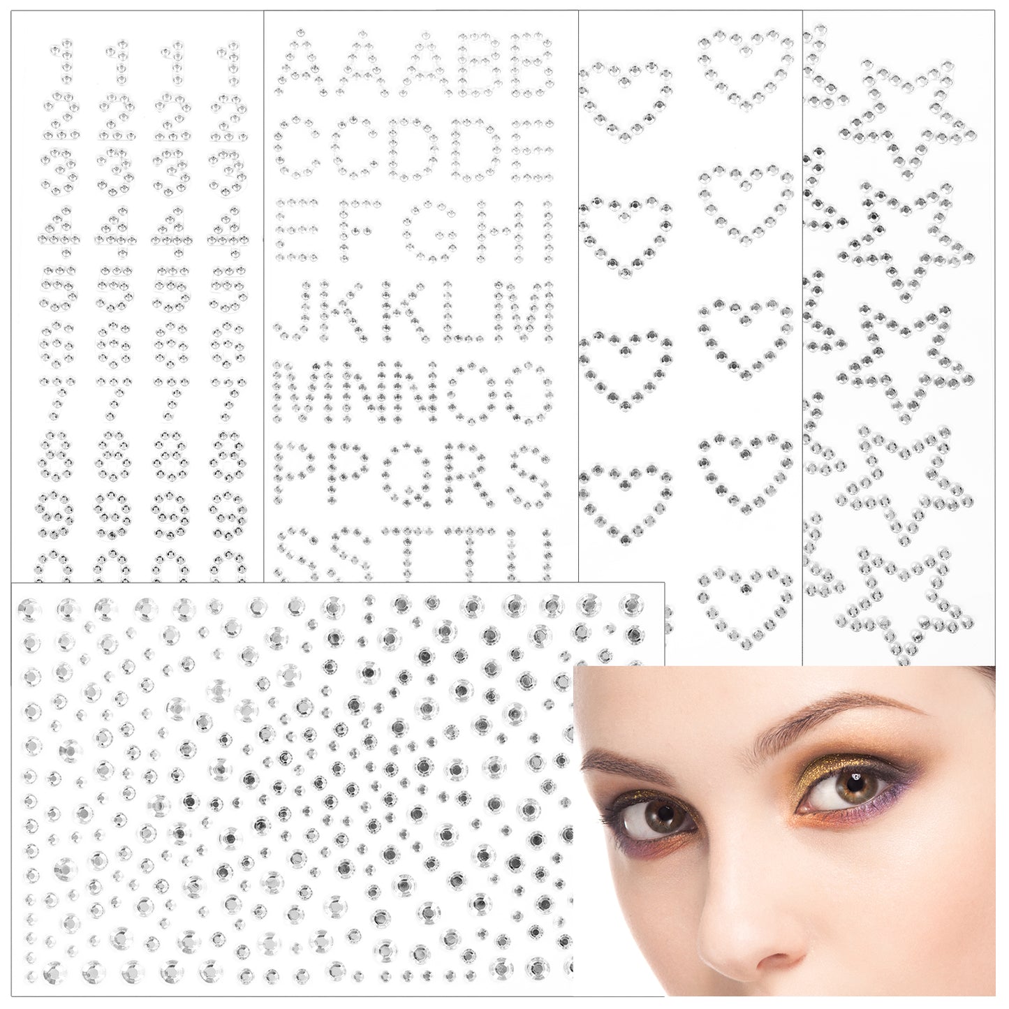 Self Adhesive Rhinestones Stickers 5 Sheet Face Gems Letters Numbers Love Star Circle Glitters Jewels Bling Diamond Stickers, Glitter Jewelry for Makeup Nail Art Halloween Crafts Decoration DIY