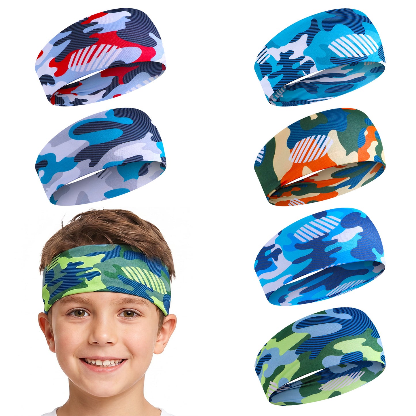 6 Pcs Kids Sports Sweatbands Ages 4-10 Boys Girls Breathable Sweat Wicking Elastic Non Slip Athletic Headbands Comfortable Sports Hairbands for Football Soccer Basketball Baseball Running Workout Gym