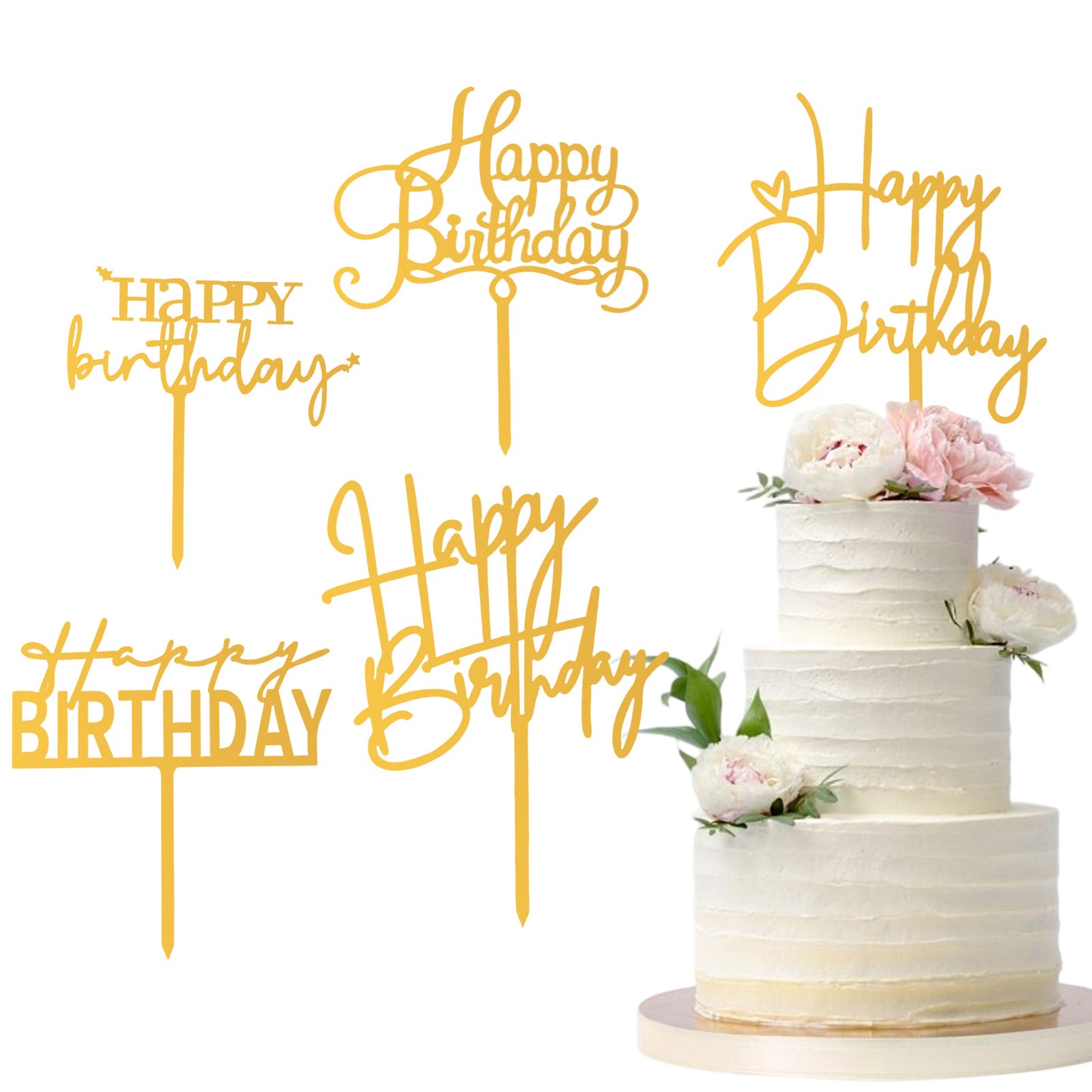 5 Pcs Gold Happy Birthday Cake Toppers, Acrylic Happy Birthday Cake Toppers Gold, Cupcake Decorations For Girls And Adults