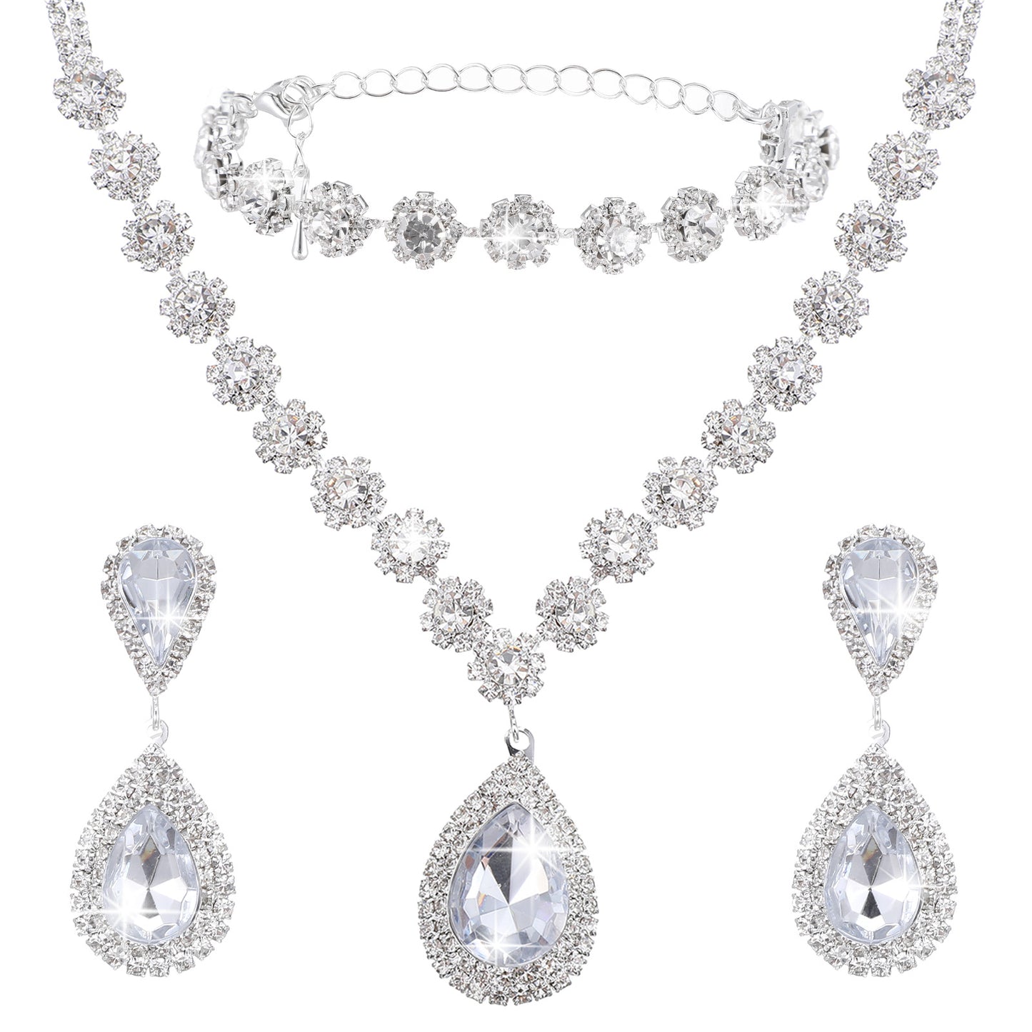 Neyauo Bridal Jewelry Set for Wedding, Rhinestone Necklace Earrings Bracelet Sets, Silver Crystal Wedding Jewelry for Bride Bridesmaids Prom Costume Accessories