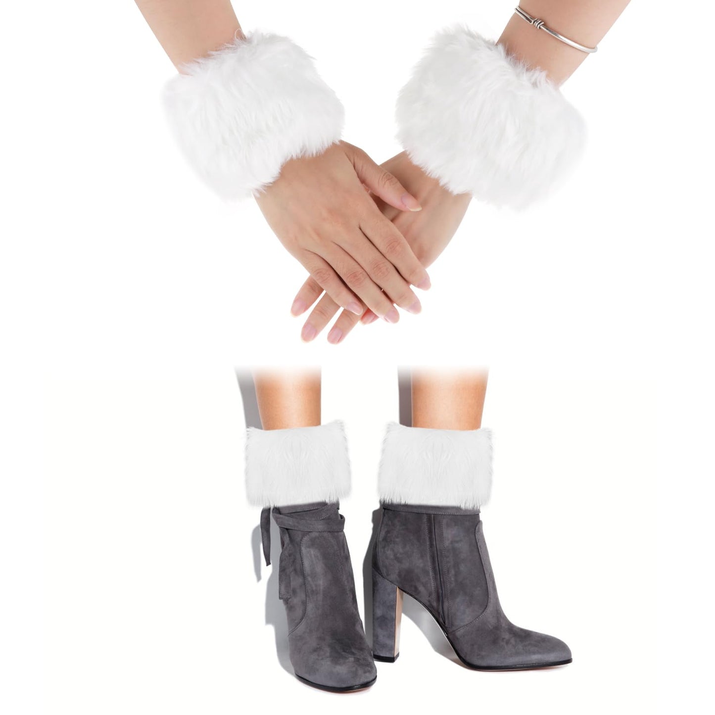 DIVINA VITAE Women's Faux Fur Wrist Cuffs White Plush Arm Warmers Short Furry Bands Wrist Warmer Winter Fox Furry Wristbands Fluffy Cuff