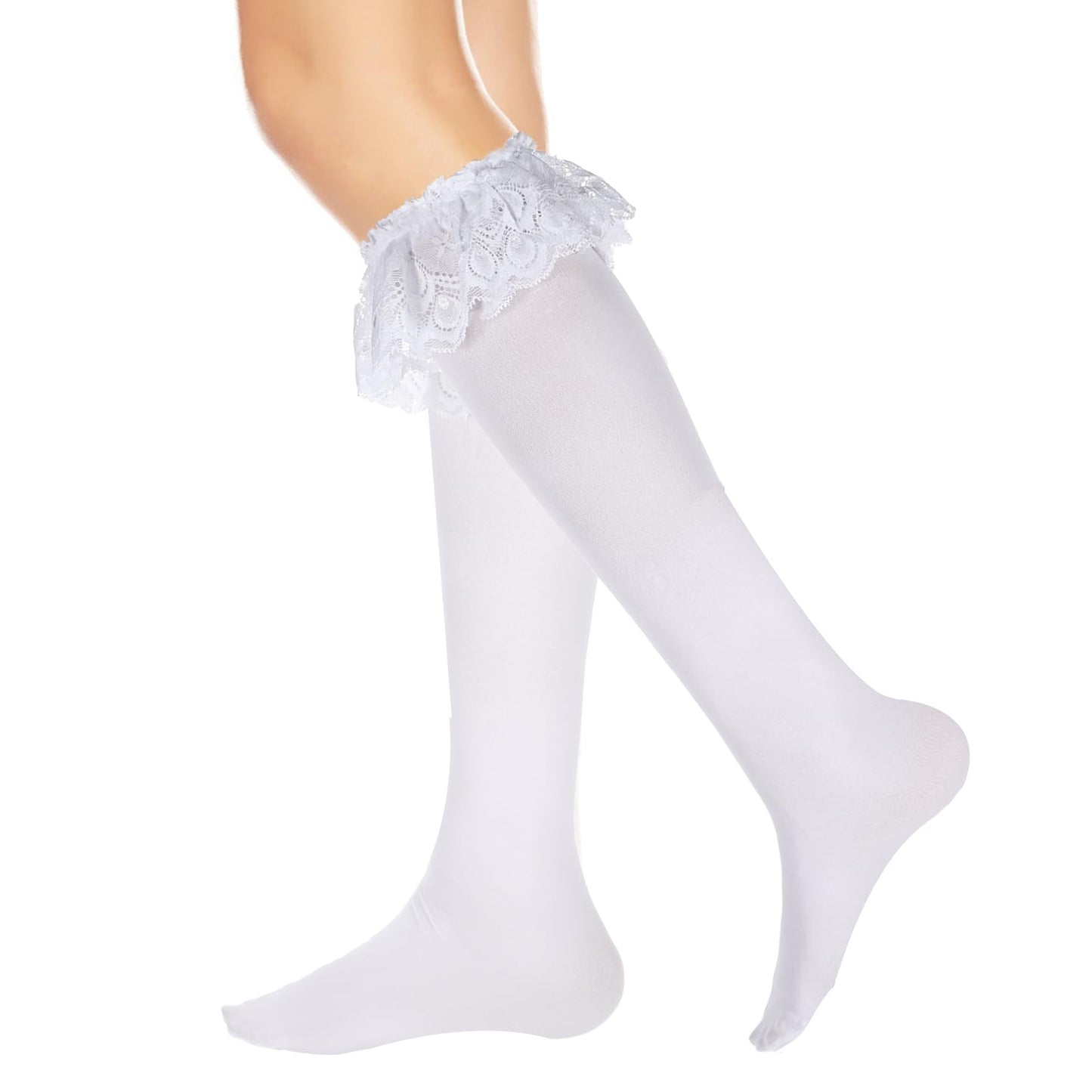 HaiFafafaing Knee High Socks Lovely&Cute White Lace Ruffle Socks Princess Loli Frilly Socks for Women, White Long Knee High Socks Women, Lolita Socks For Women, Soft Girl Clothing Accessories, White,